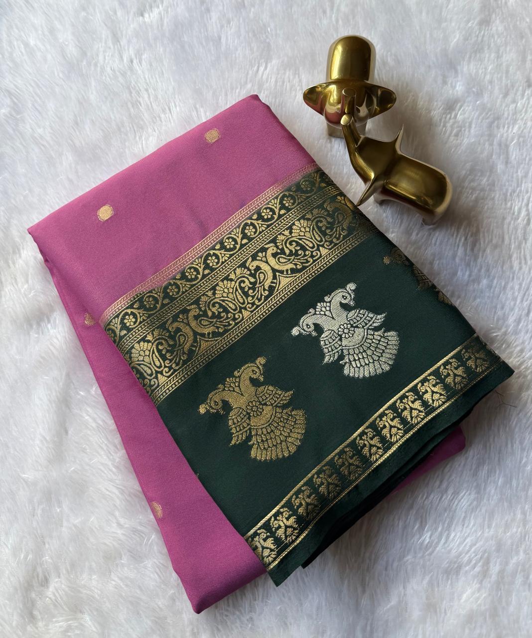 Semi Mysore Silk Small Butta With Gandaberunda And Peacock Border