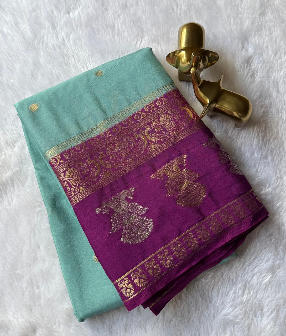 Semi Mysore Silk Small Butta With Gandaberunda And Peacock Border
