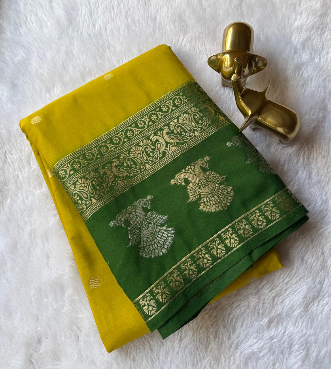 Semi Mysore Silk Small Butta With Gandaberunda And Peacock Border
