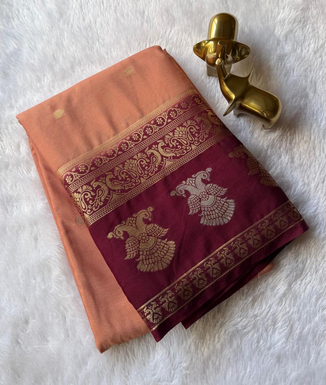 Semi Mysore Silk Small Butta With Gandaberunda And Peacock Border