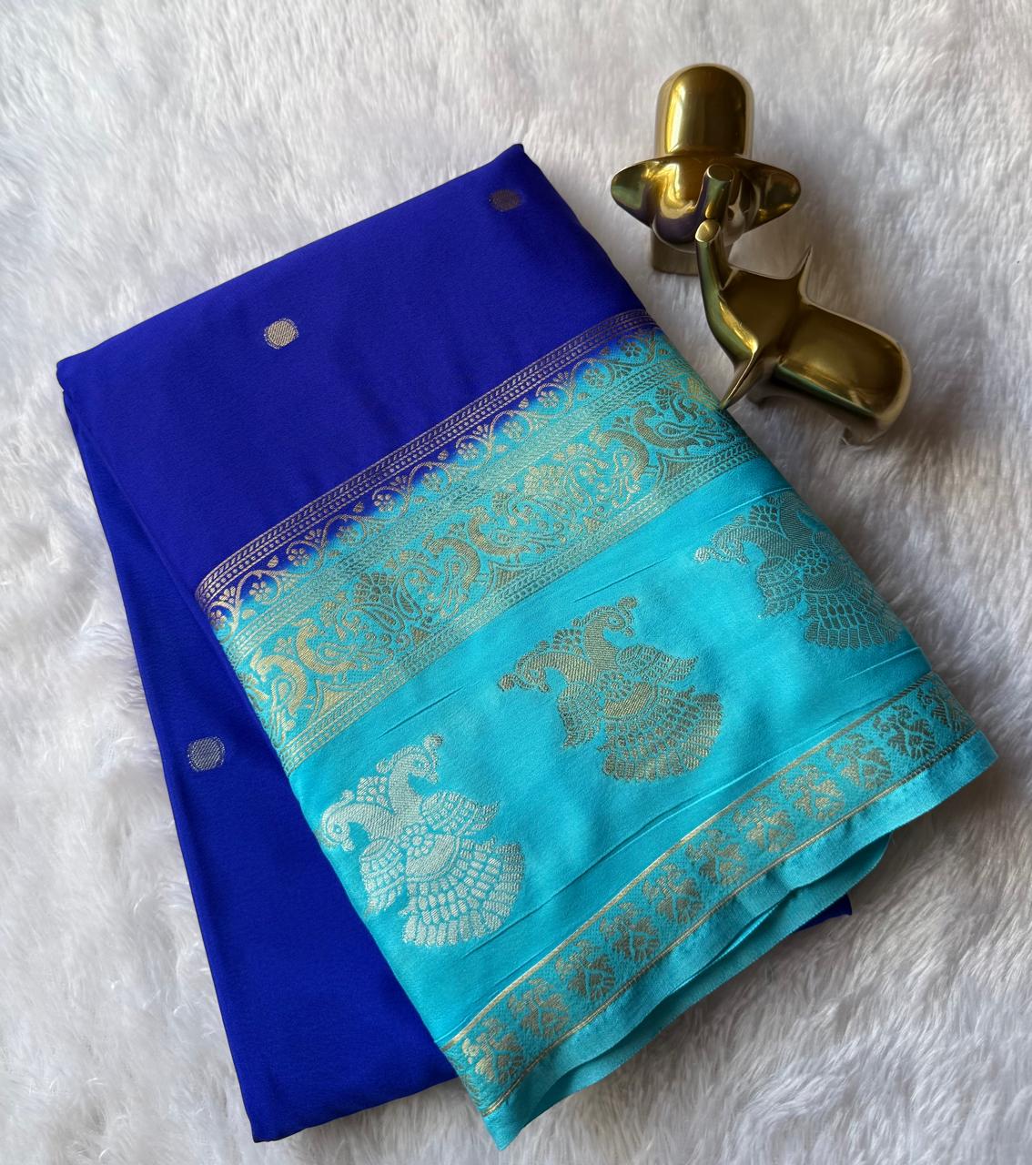 Semi Mysore Silk Small Butta With Gandaberunda And Peacock Border
