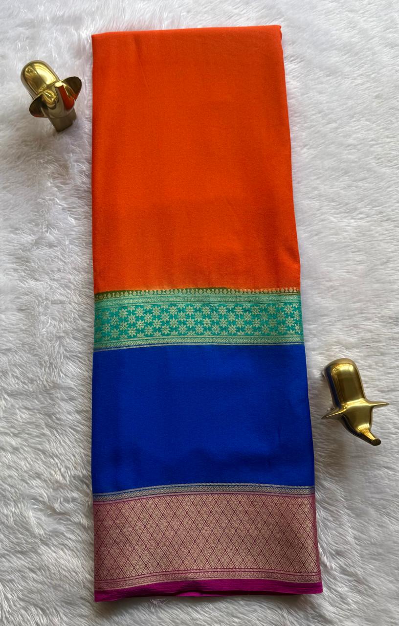 Semi Mysore Silk Flower Border 4D , Washable