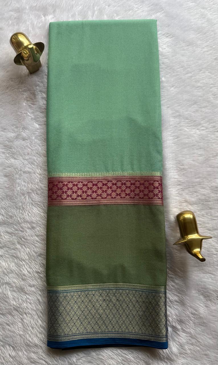 Semi Mysore Silk Flower Border 4D , Washable