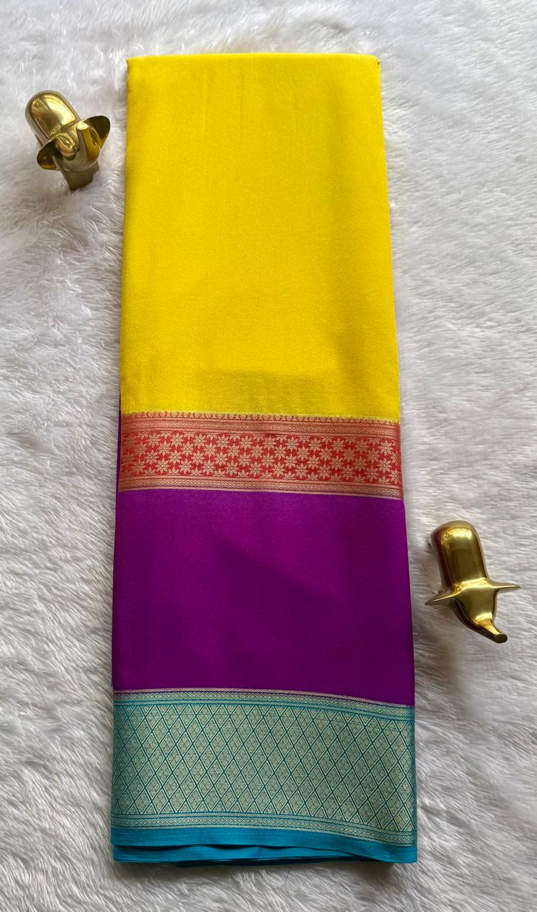 Semi Mysore Silk Flower Border 4D , Washable