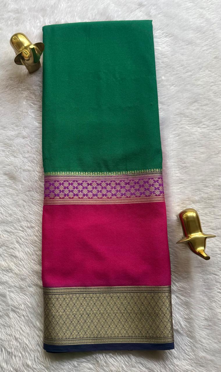 Semi Mysore Silk Flower Border 4D , Washable