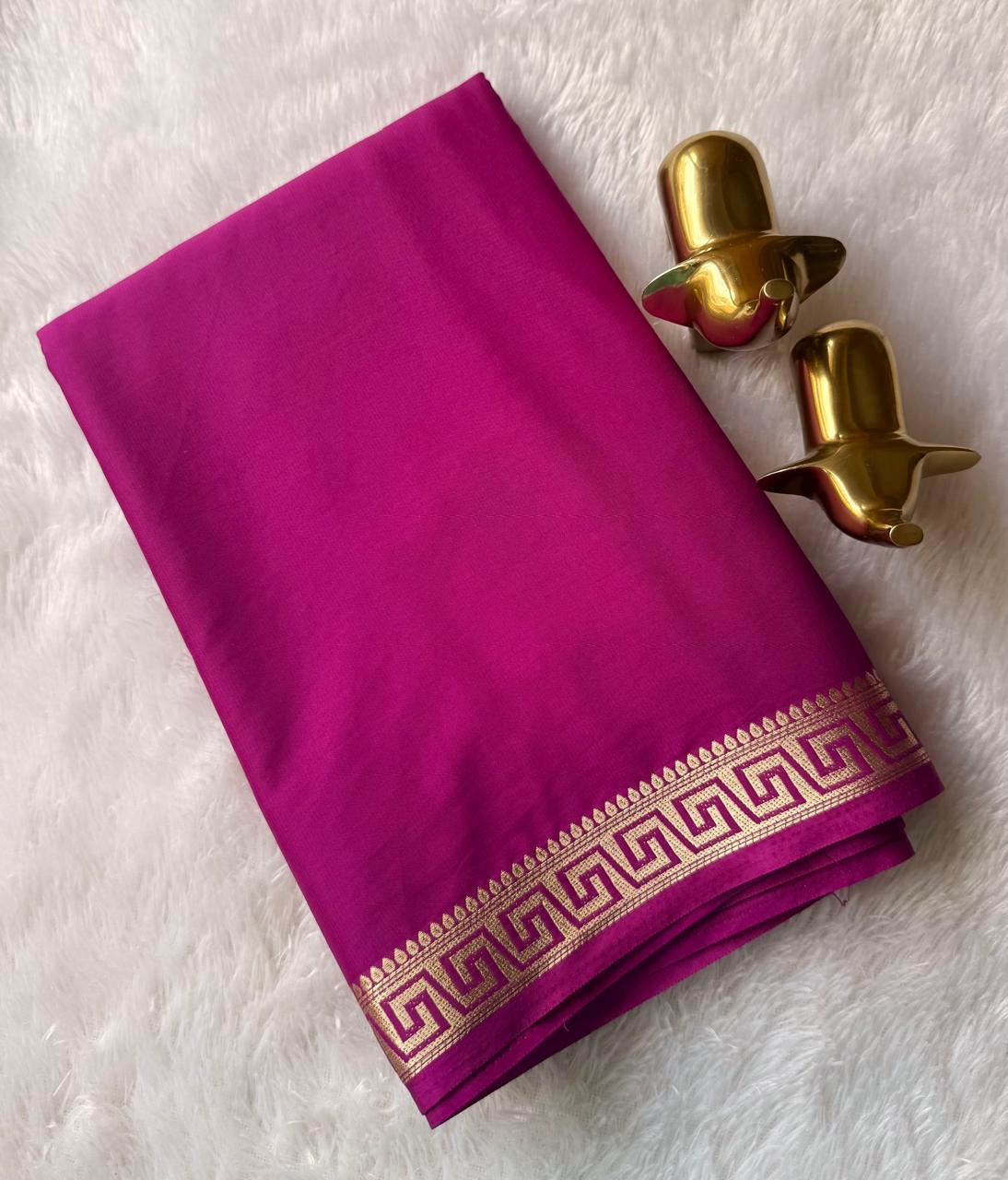 Semi Mysore Silk Self Saree Geometric Piping Border, Washable