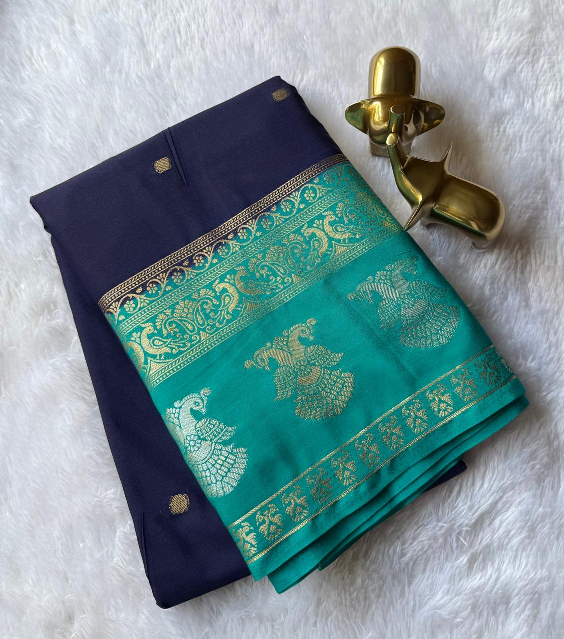 Semi Mysore Silk Small Butta With Gandaberunda And Peacock Border