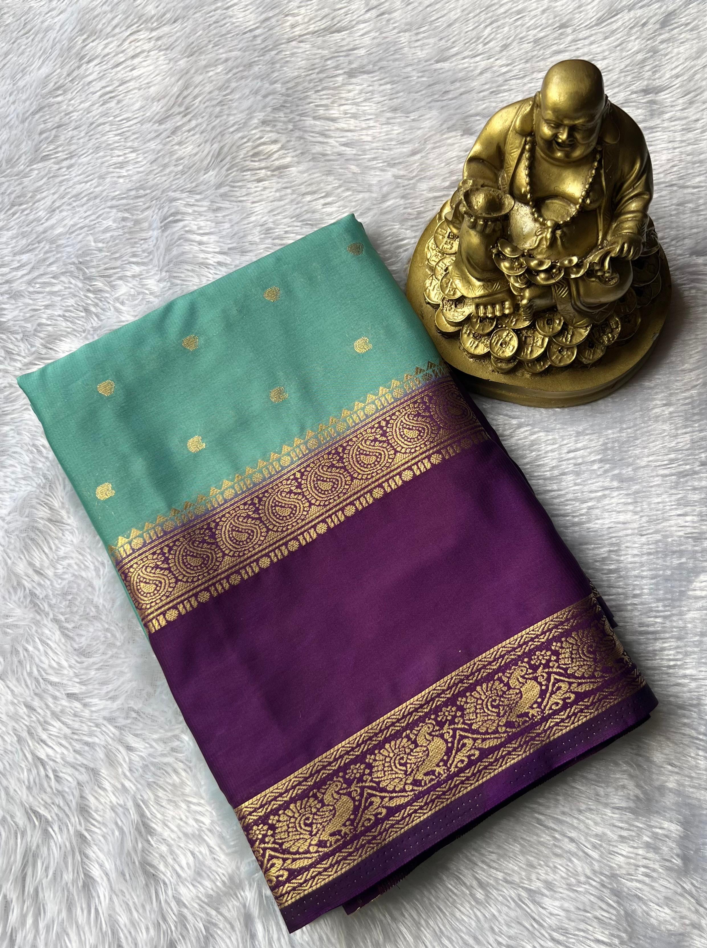 Semi Mysore Silk Small Butta With Mango and Peacock Border