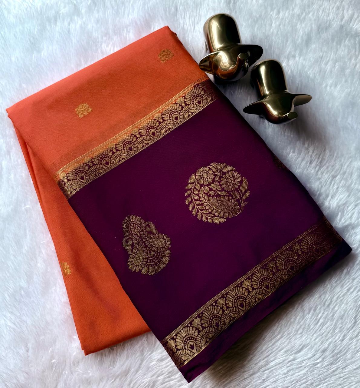 Semi Mysore Silk Small Butta With Flower and Double Mango Border