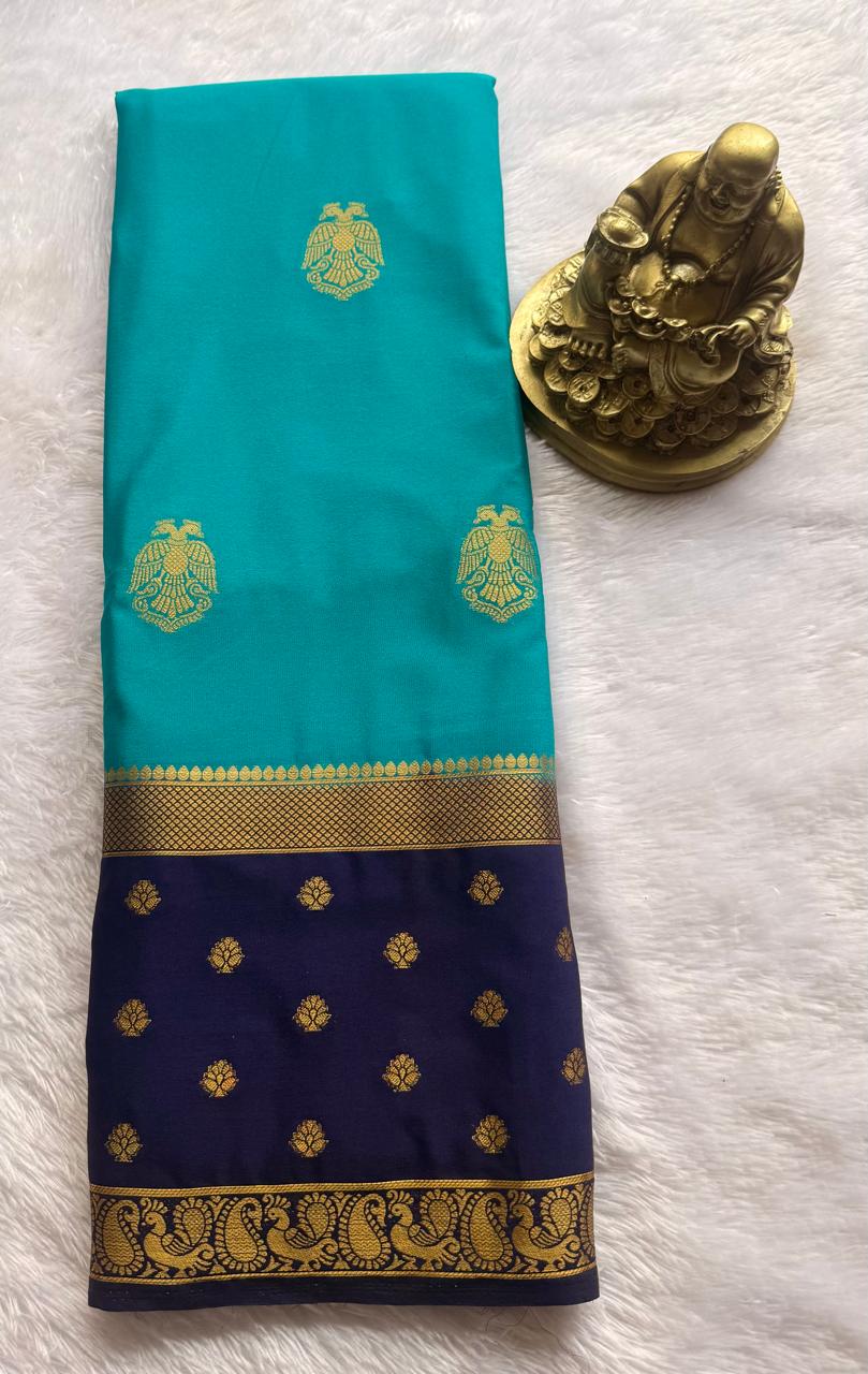 Semi Mysore Silk Gandaberunda Butta With Flower And Peacock Border