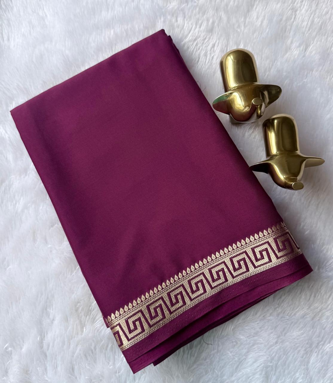 Semi Mysore Silk Self Saree Geometric Piping Border, Washable