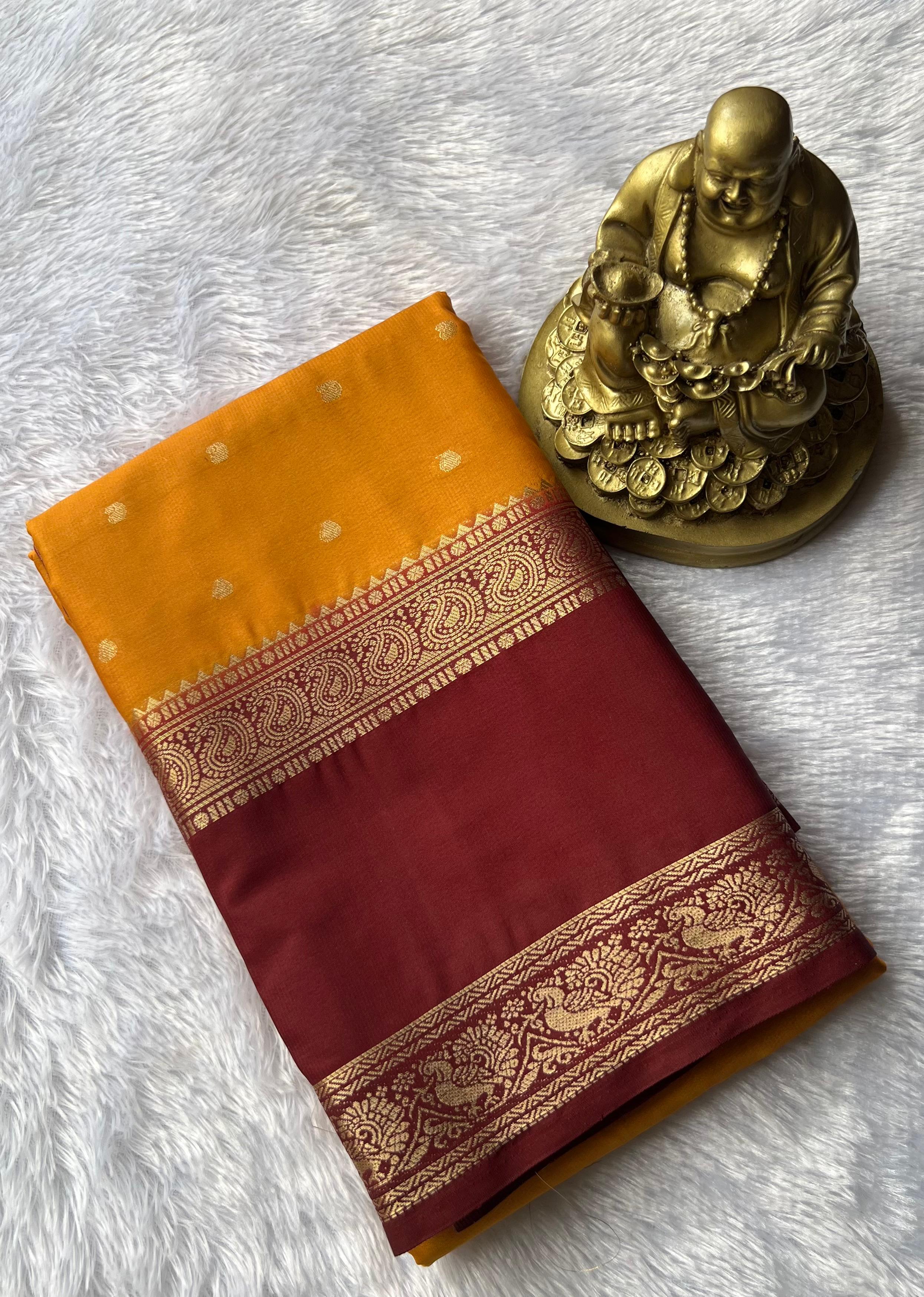 Semi Mysore Silk Small Butta With Mango and Peacock Border