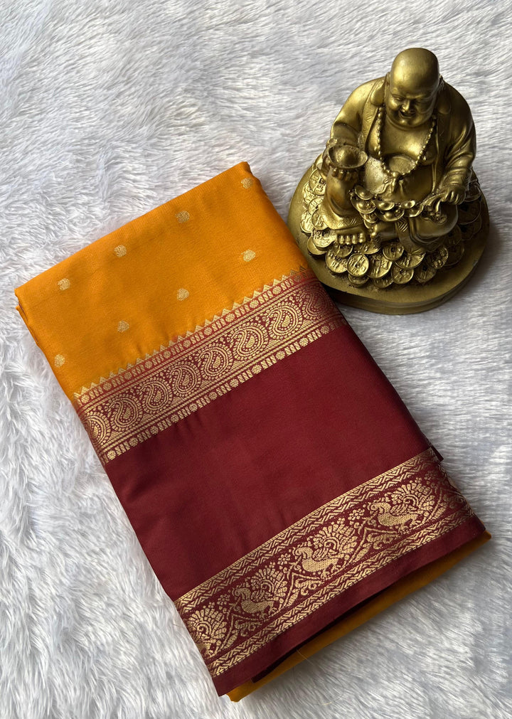 Semi Mysore Silk Small Butta With Mango and Peacock Border