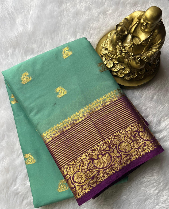 Semi Mysore Slik Small Mango Butta With Gold Zari Strip Border