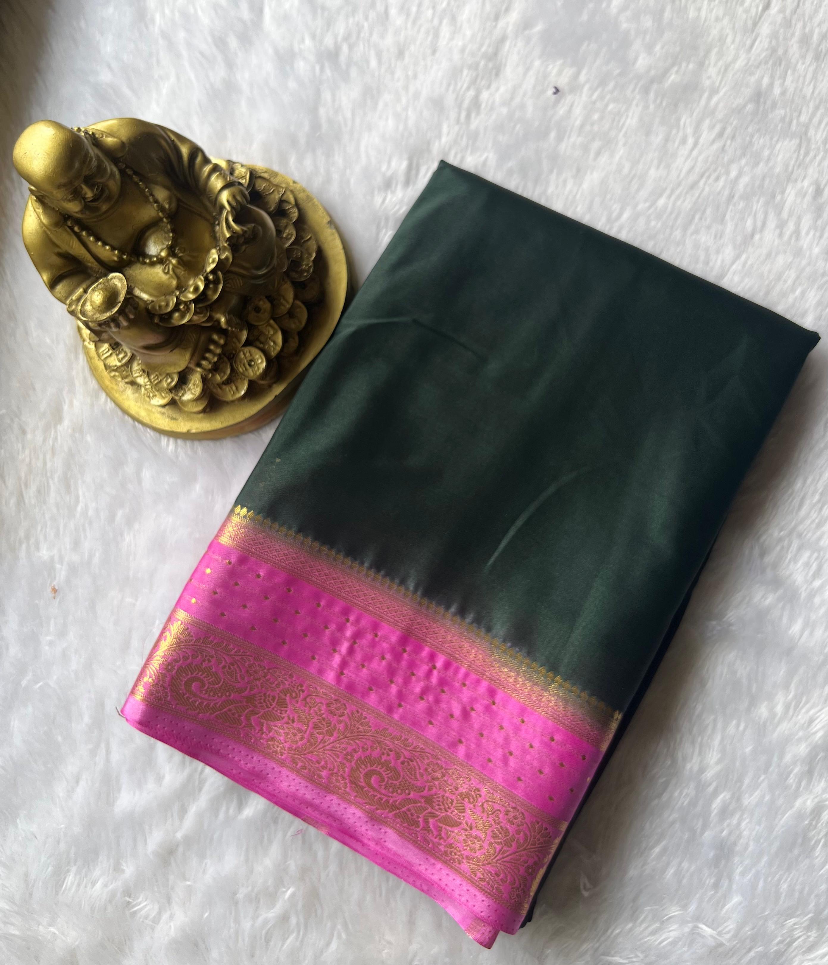 Semi Mysore Silk Plain With Small Pecock Border