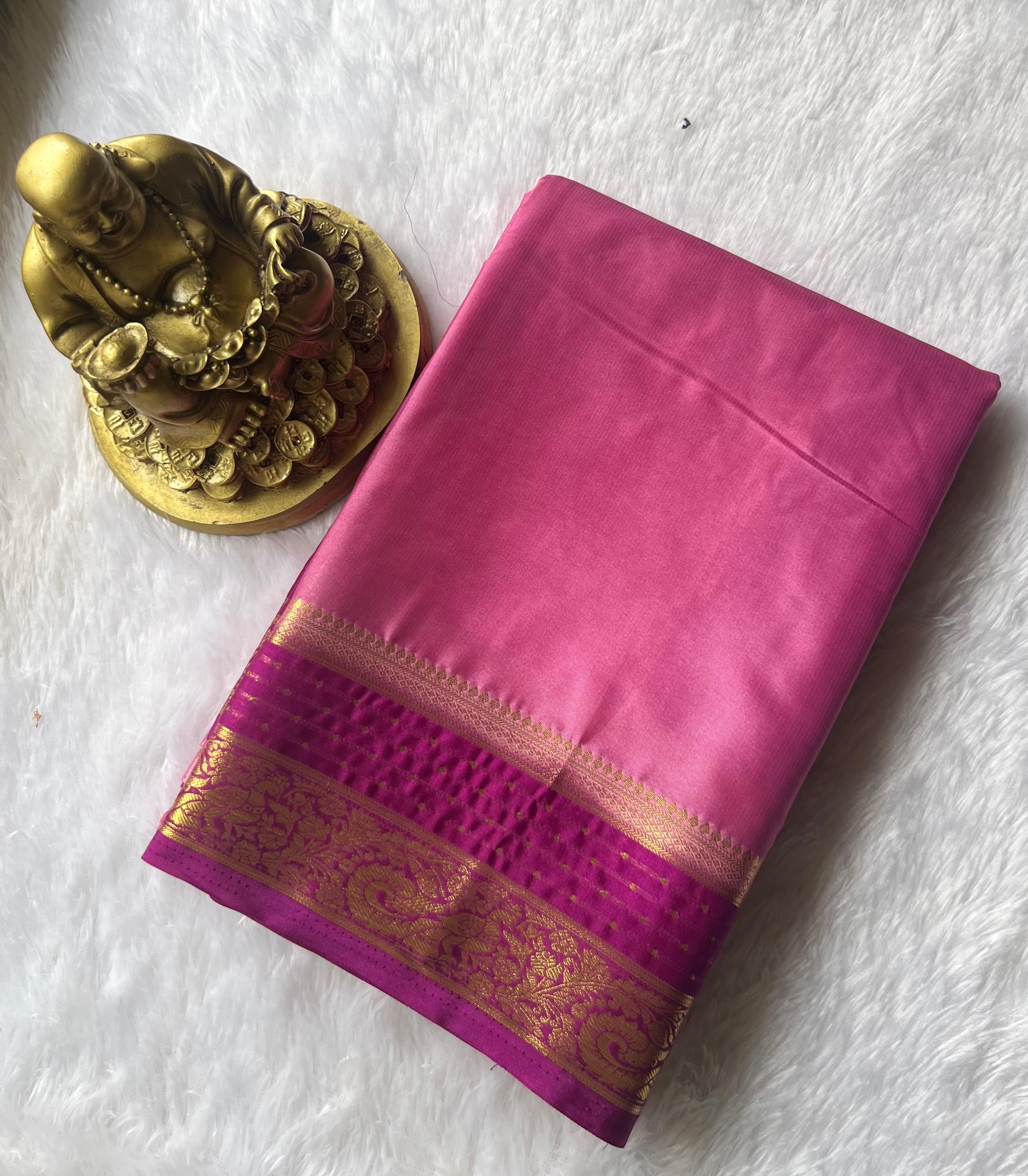 Semi Mysore Silk Plain With Small Pecock Border