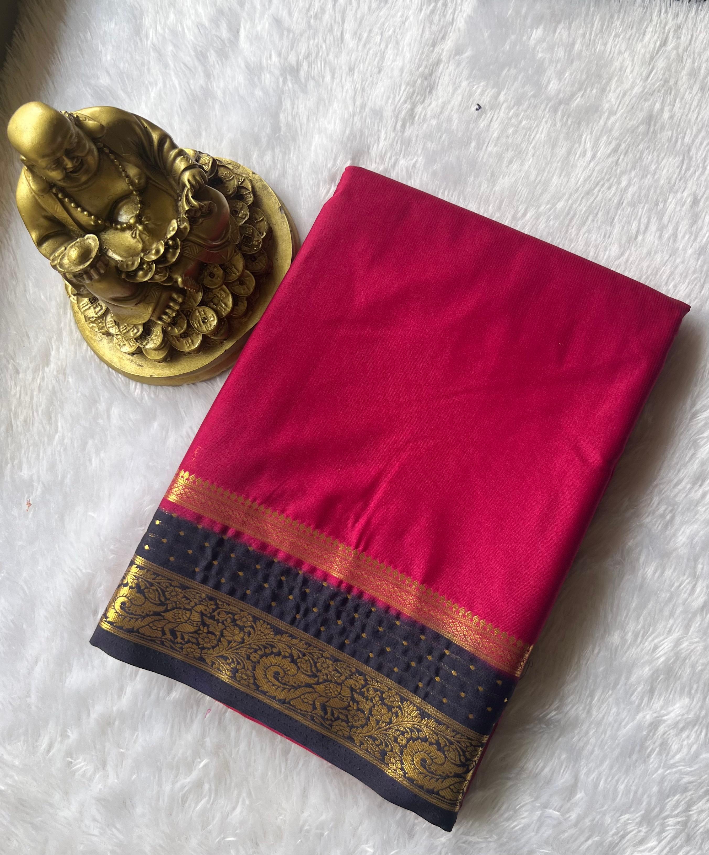 Semi Mysore Silk Plain With Small Pecock Border