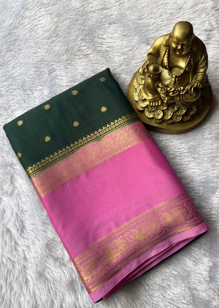 Semi Mysore Silk Small Butta With Mango and Peacock Border