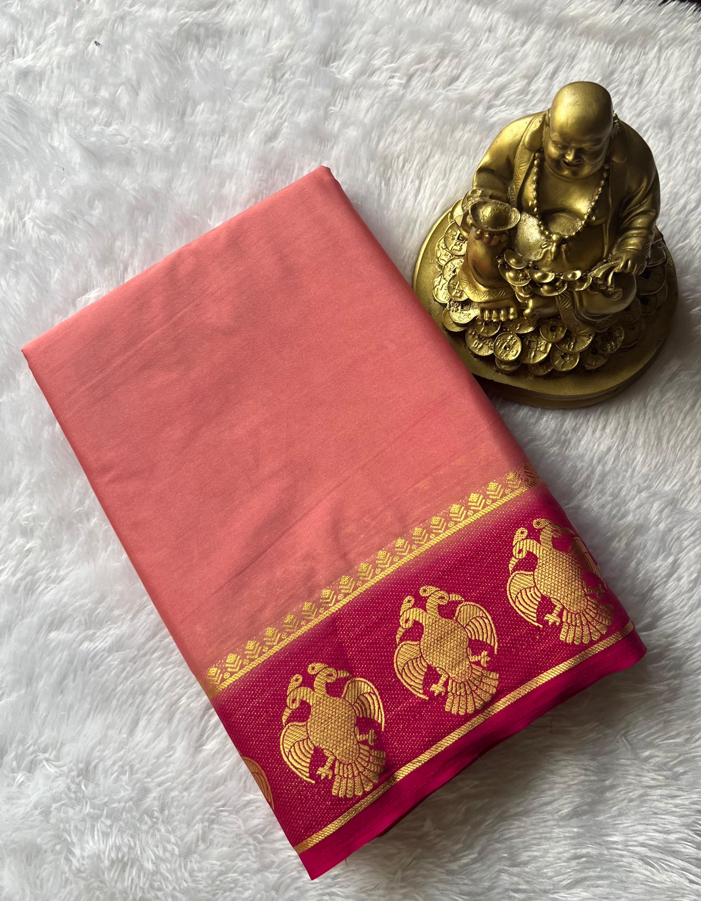 Semi Mysore Silk Plain With Gandaberuda Contrast Border