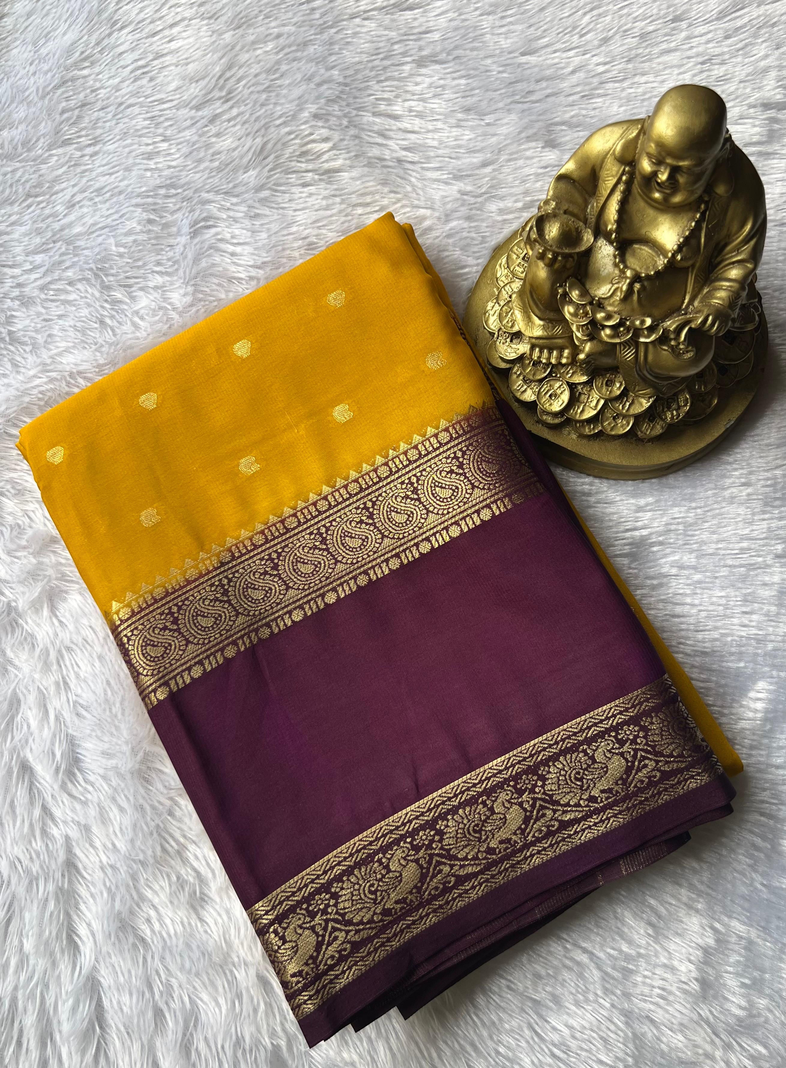 Semi Mysore Silk Small Butta With Mango and Peacock Border