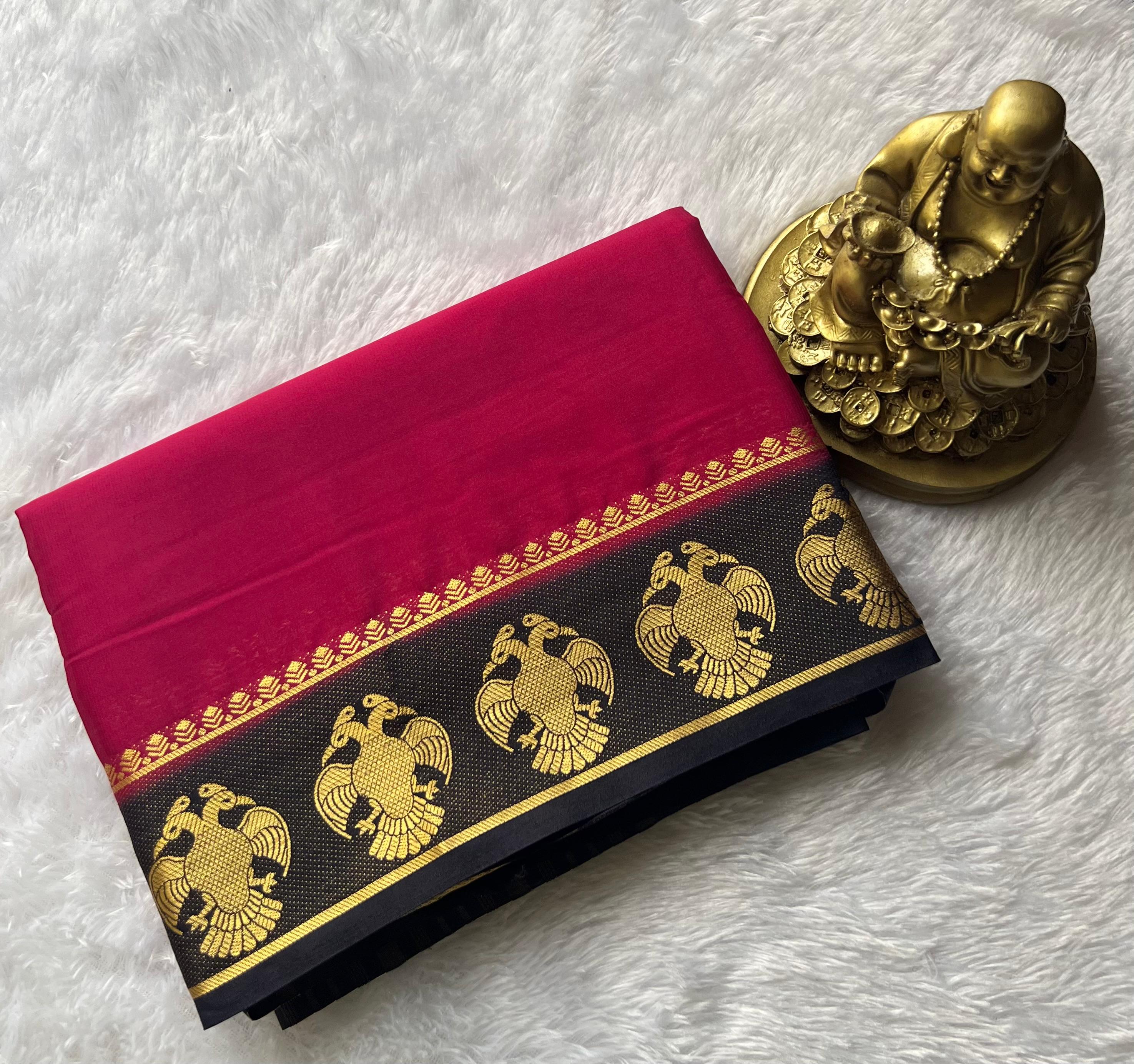 Semi Mysore Silk Plain With Gandaberuda Contrast Border