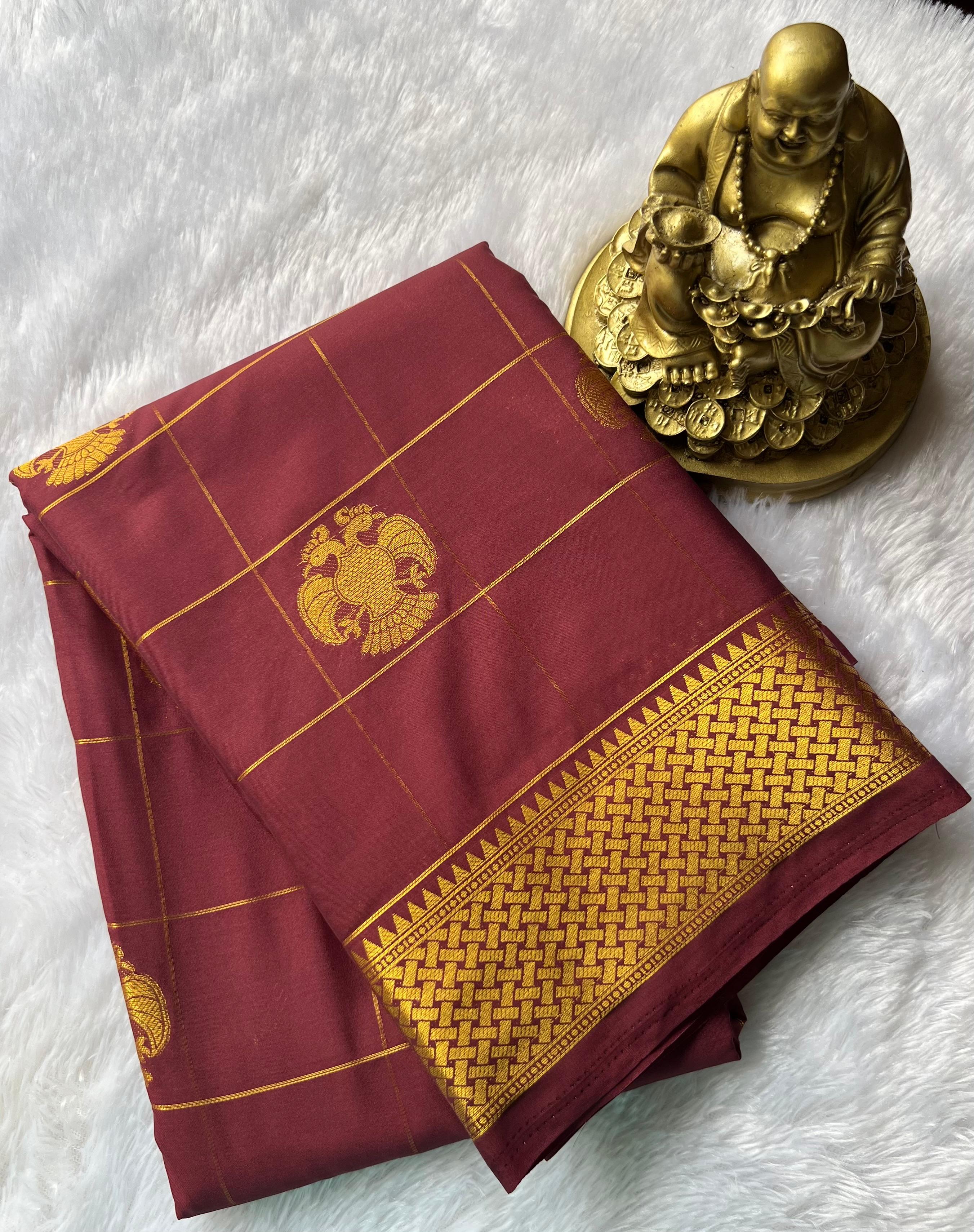 Semi Mysore Silk Big Checks and Gadaberuda With Gold Border