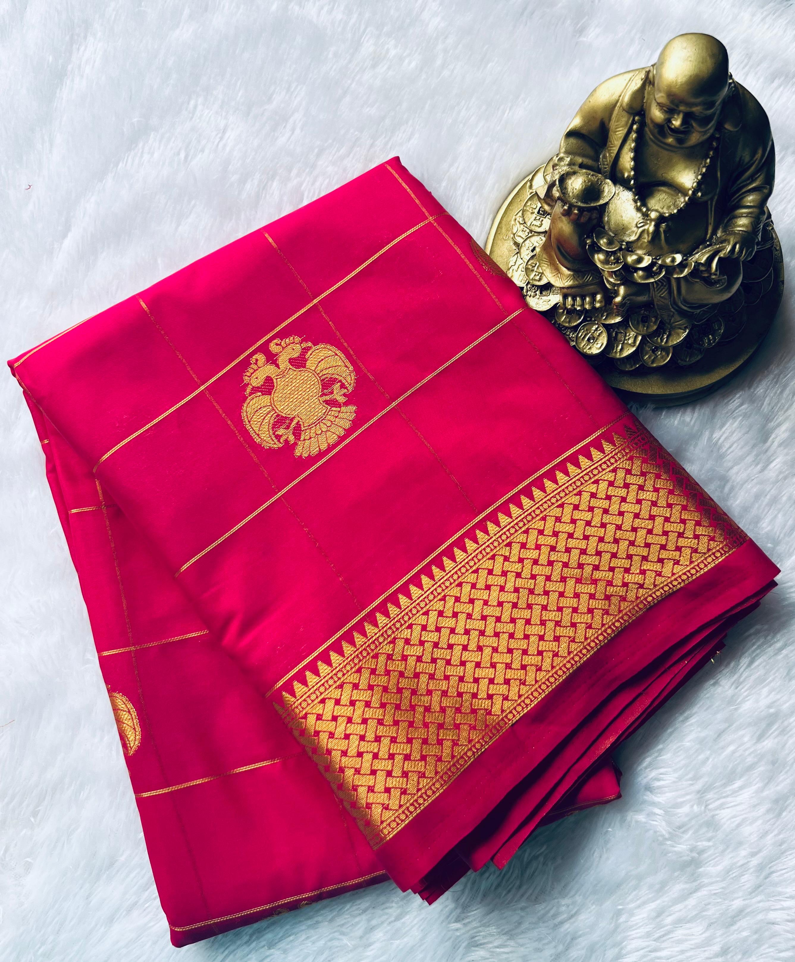 Semi Mysore Silk Big Checks and Gadaberuda With Gold Border