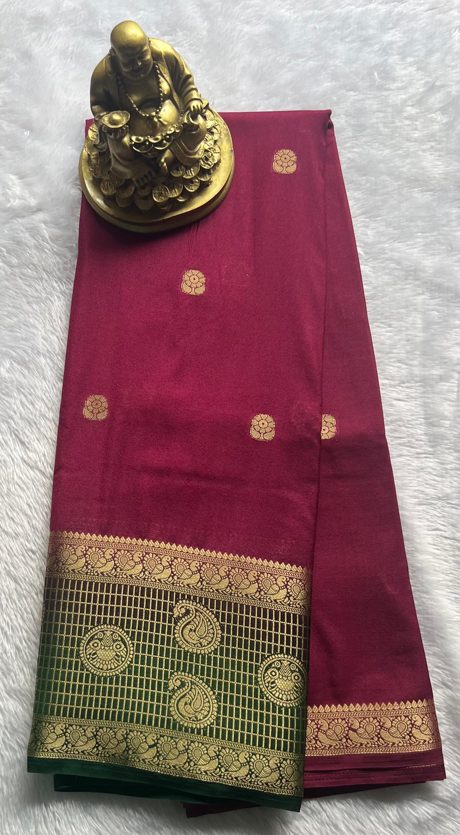Semi Mysore Silk Mango and Pecock Border,Washable