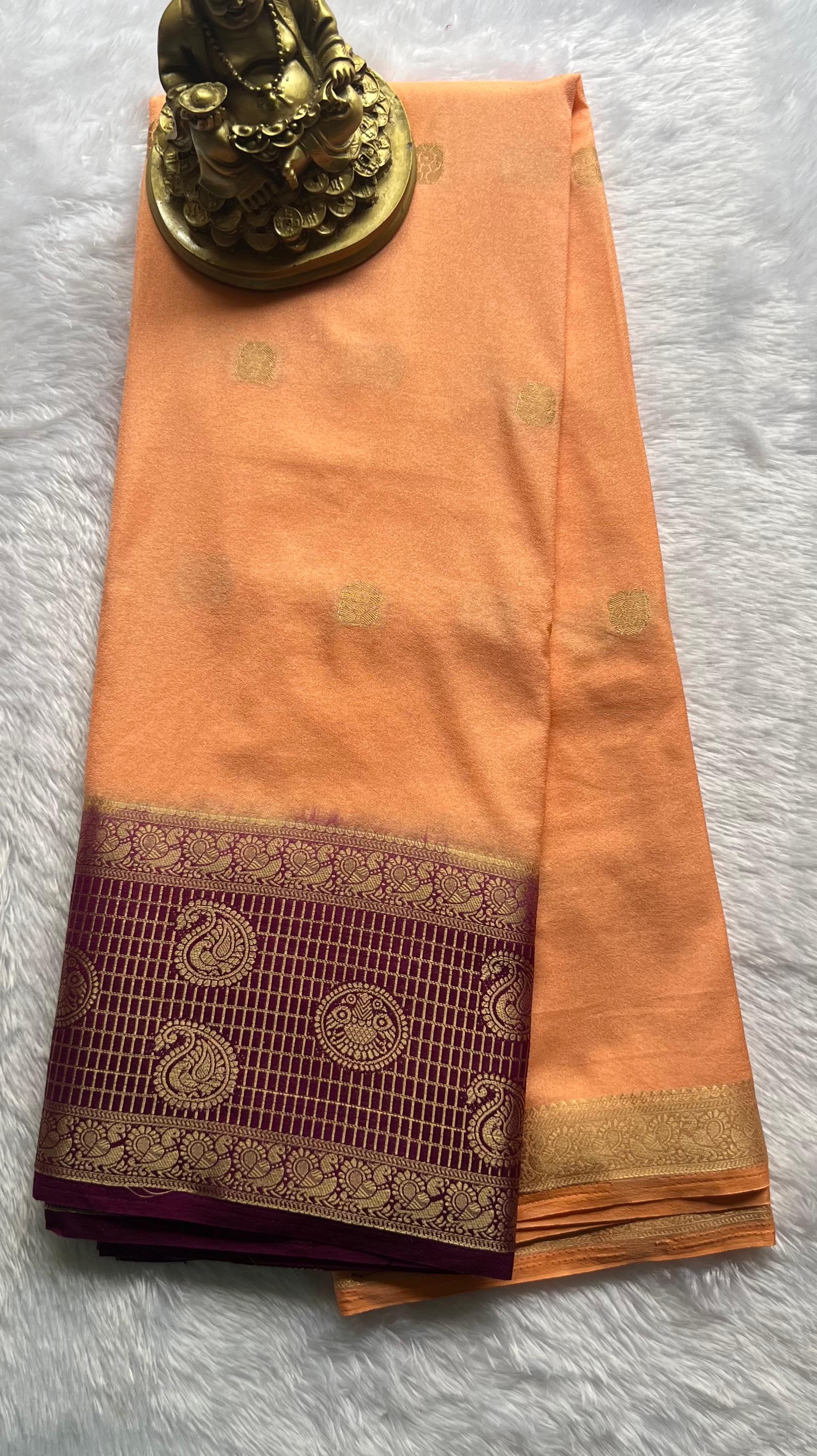 Semi Mysore Silk Mango and Pecock Border,Washable