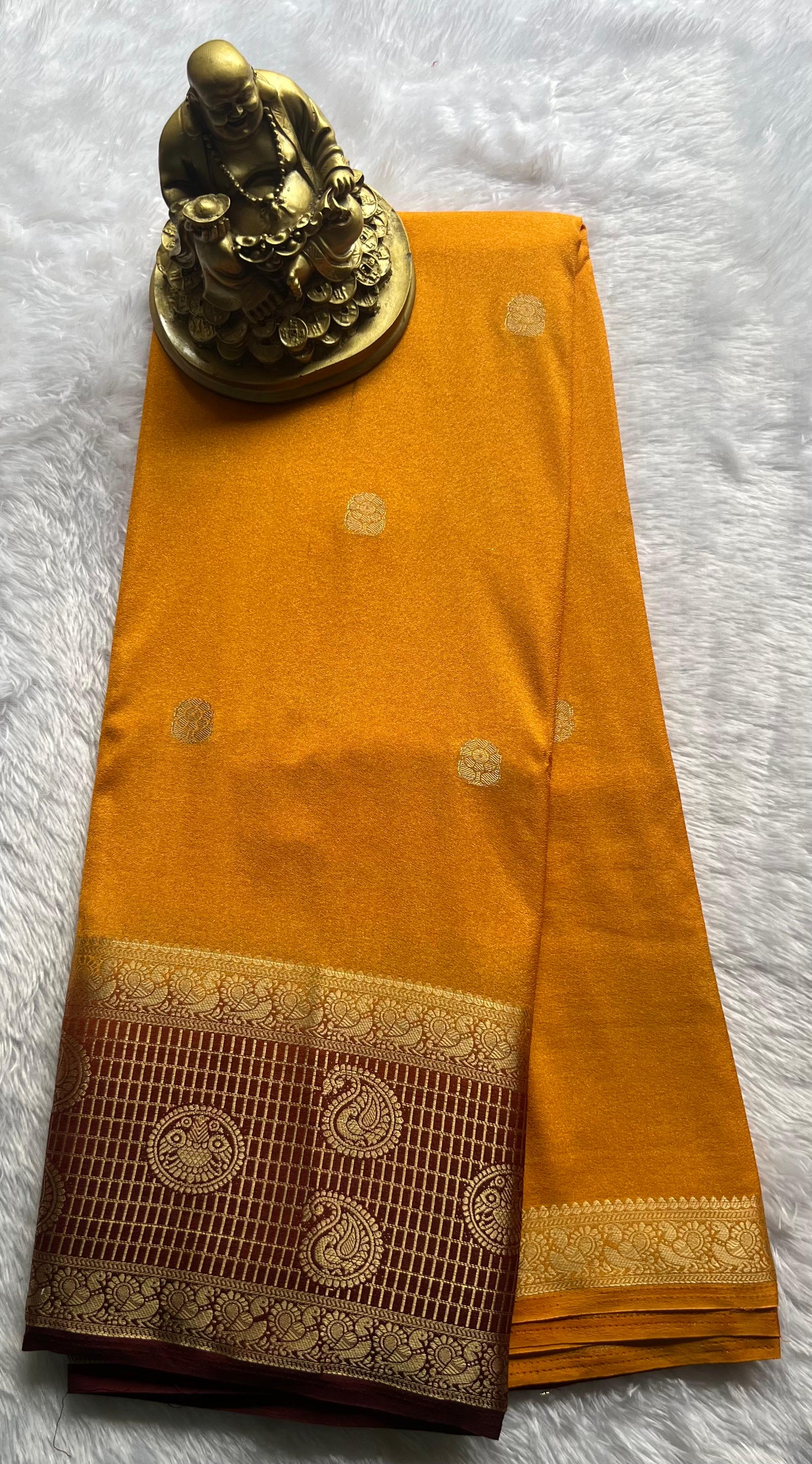 Semi Mysore Silk Mango and Pecock Border,Washable