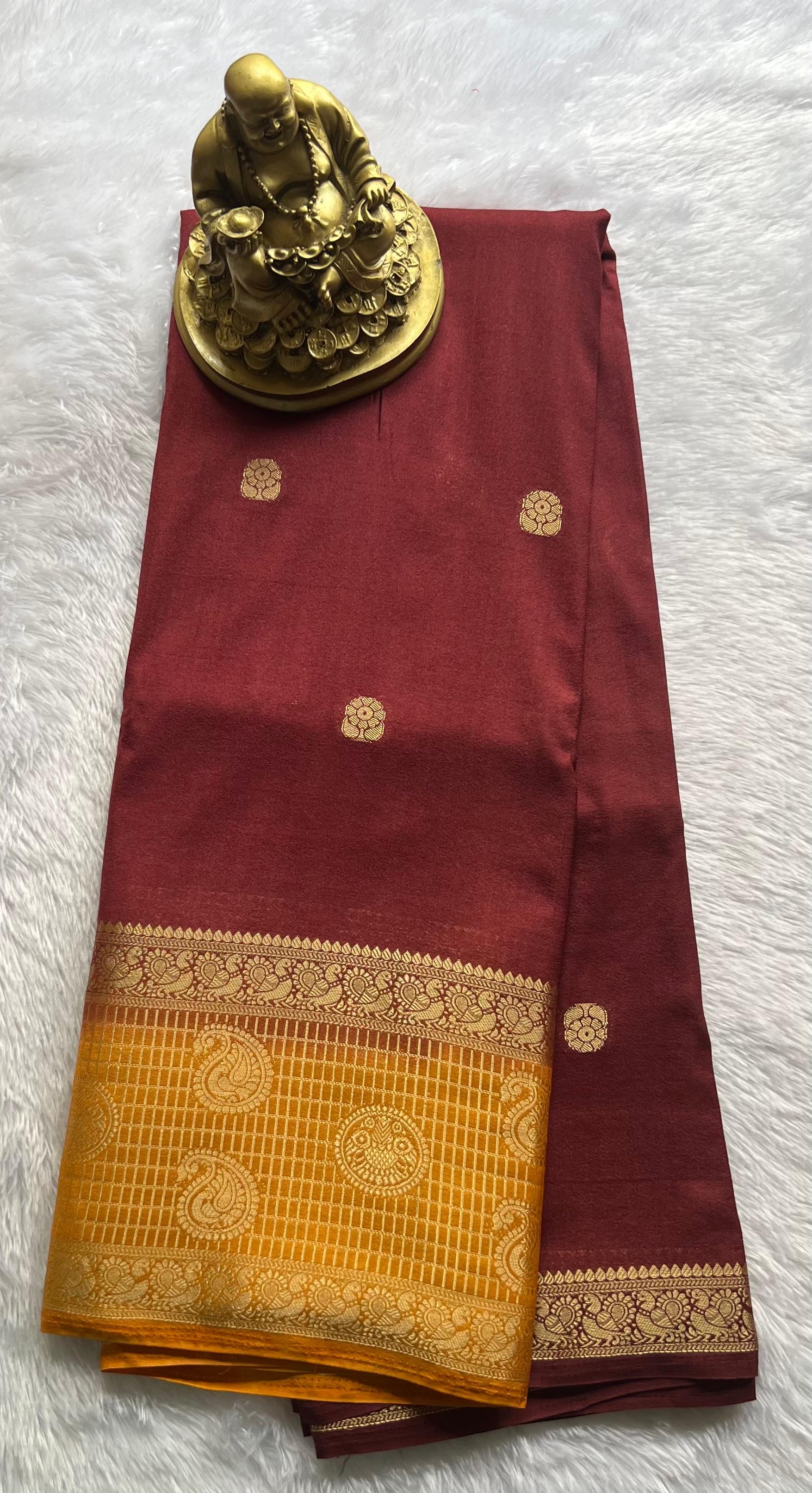 Semi Mysore Silk Mango and Pecock Border,Washable