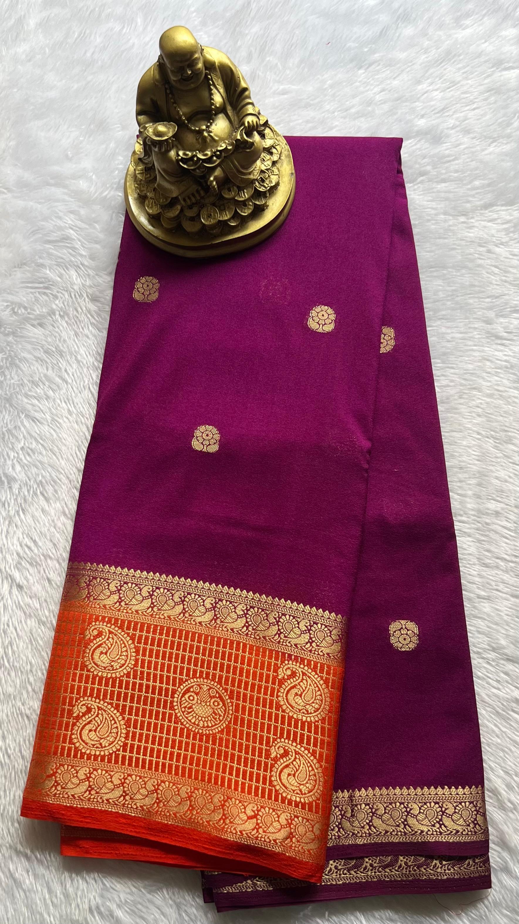 Semi Mysore Silk Mango and Pecock Border,Washable
