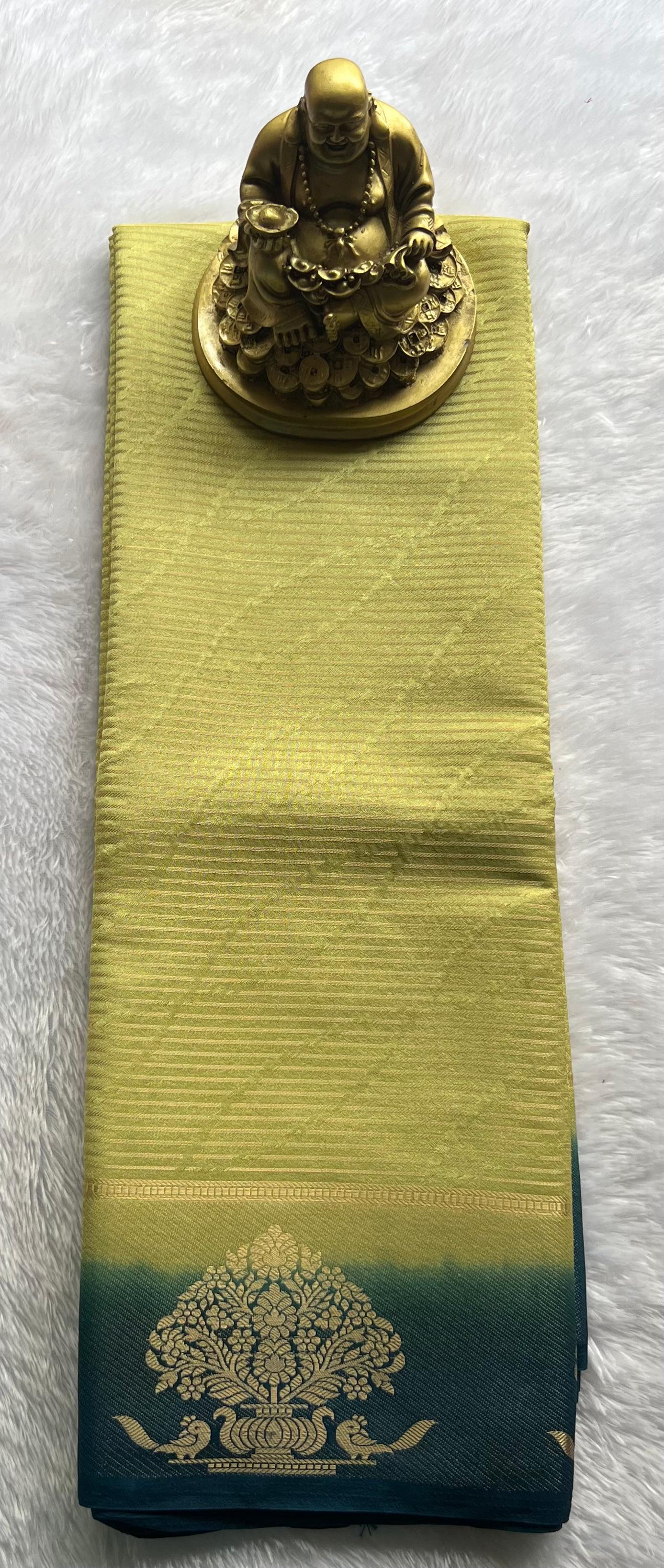 Semi Mysore Silk Striped With Tree Border, Washable