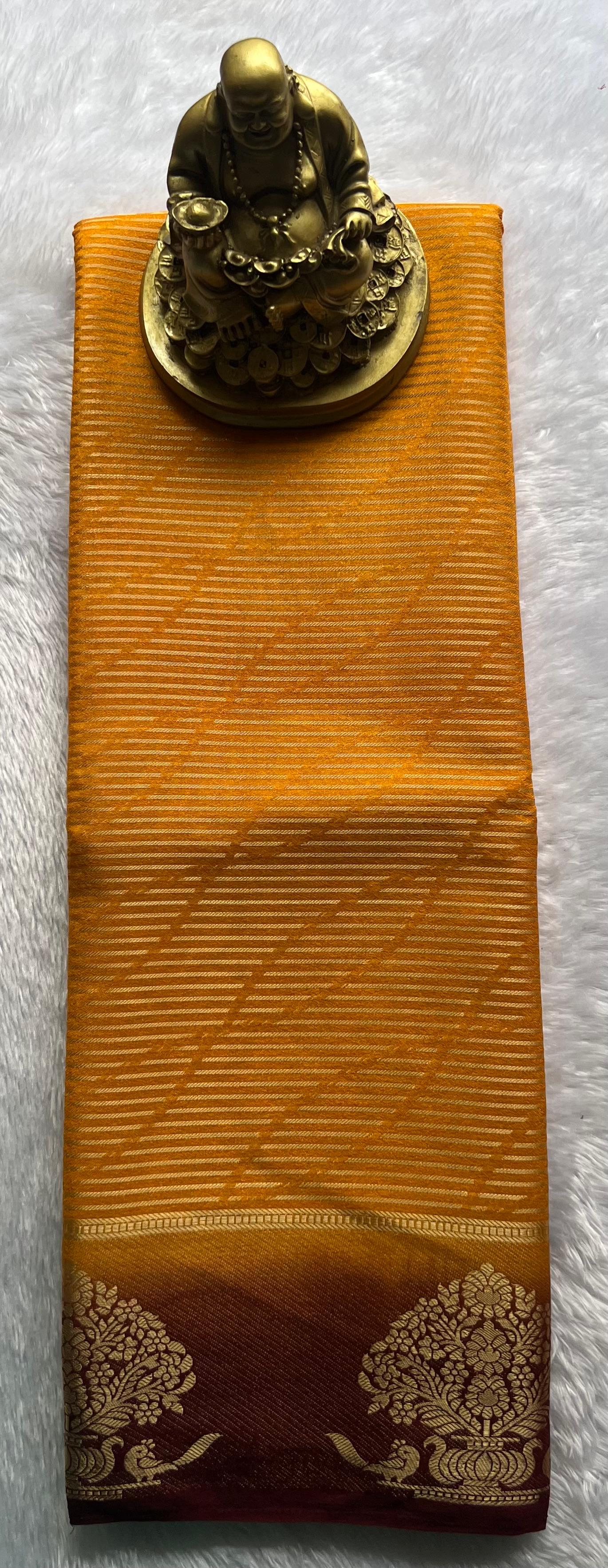 Semi Mysore Silk Striped With Tree Border, Washable