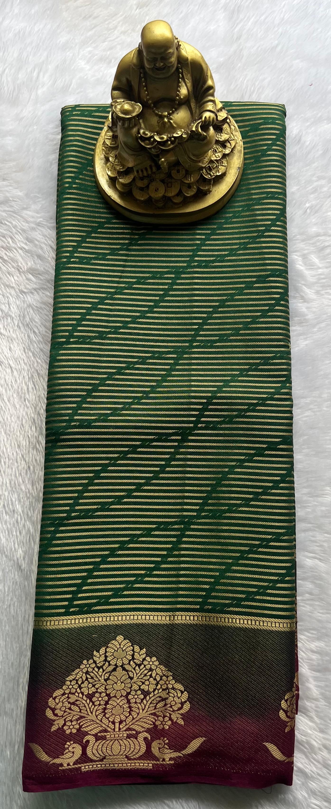 Semi Mysore Silk Striped With Tree Border, Washable