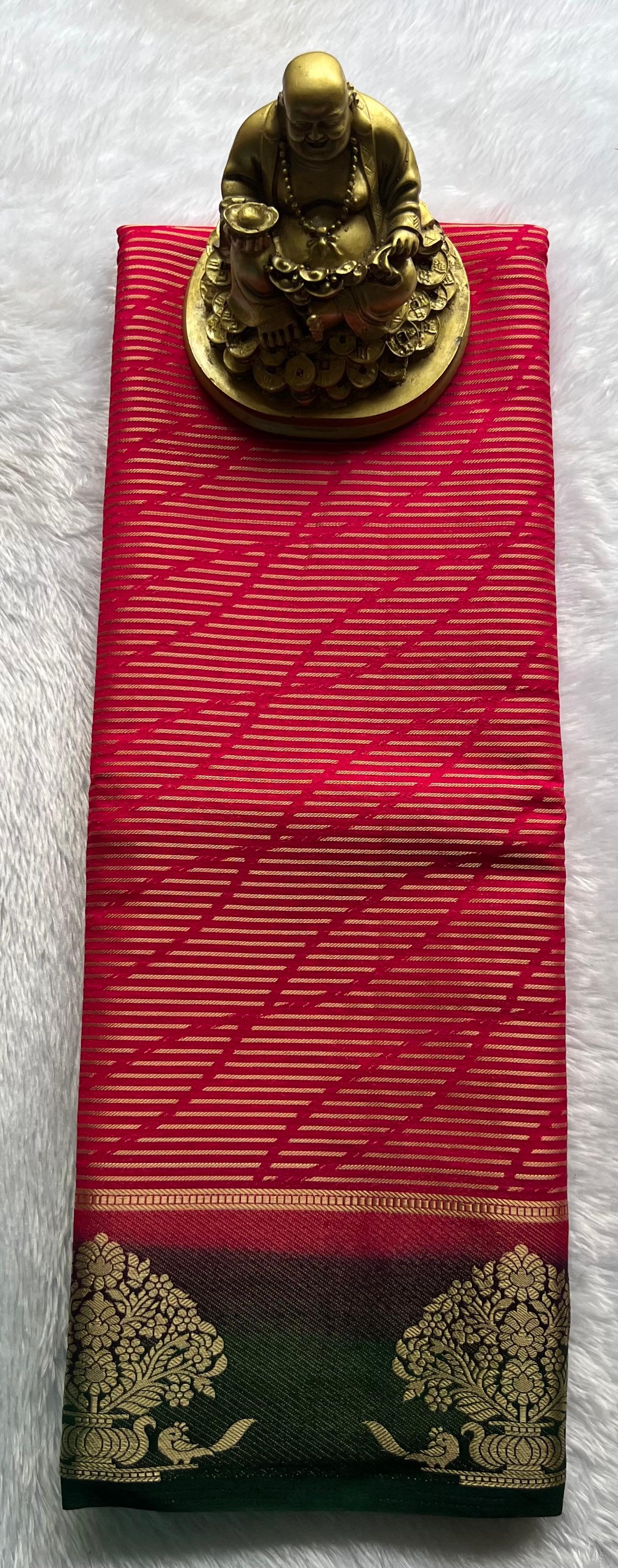 Semi Mysore Silk Striped With Tree Border, Washable