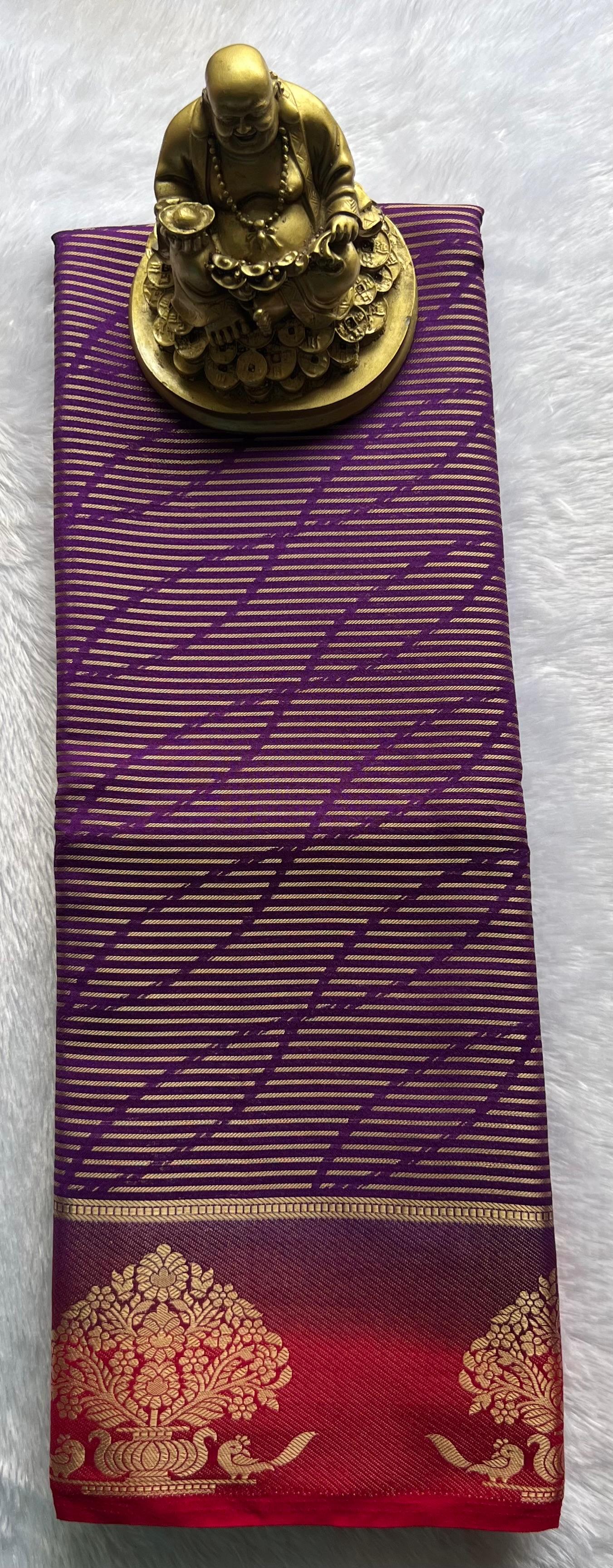 Semi Mysore Silk Striped With Tree Border, Washable