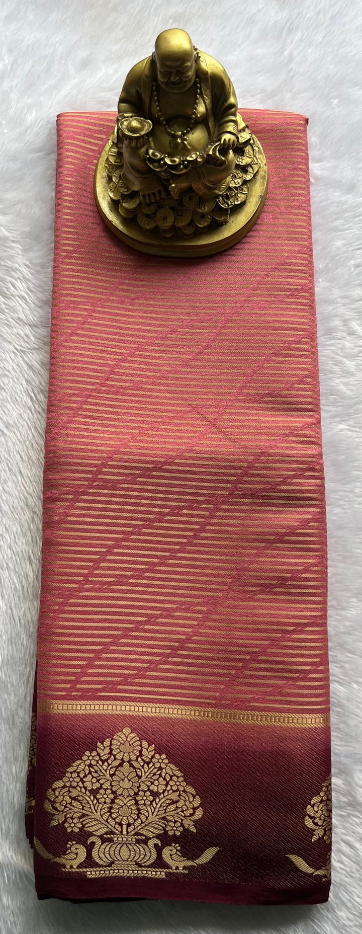 Semi Mysore Silk Striped With Tree Border, Washable