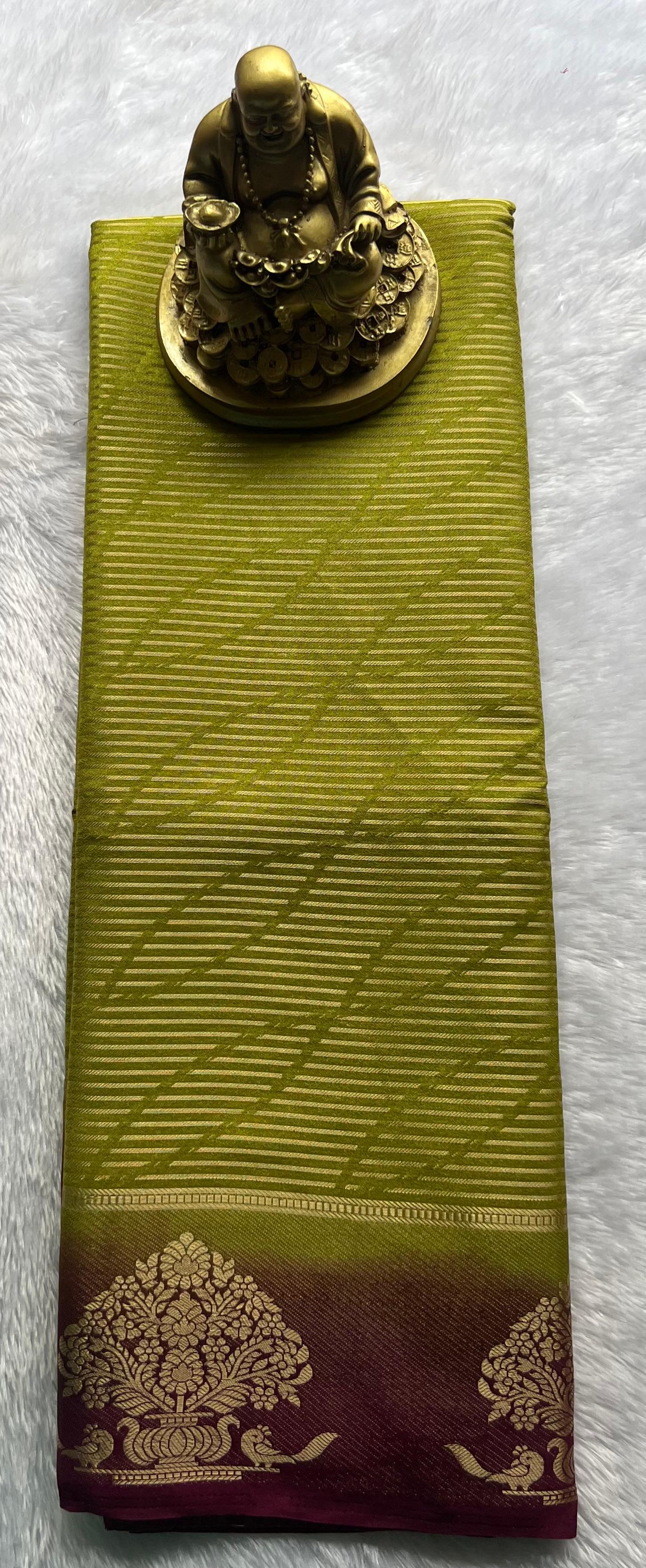 Semi Mysore Silk Striped With Tree Border, Washable