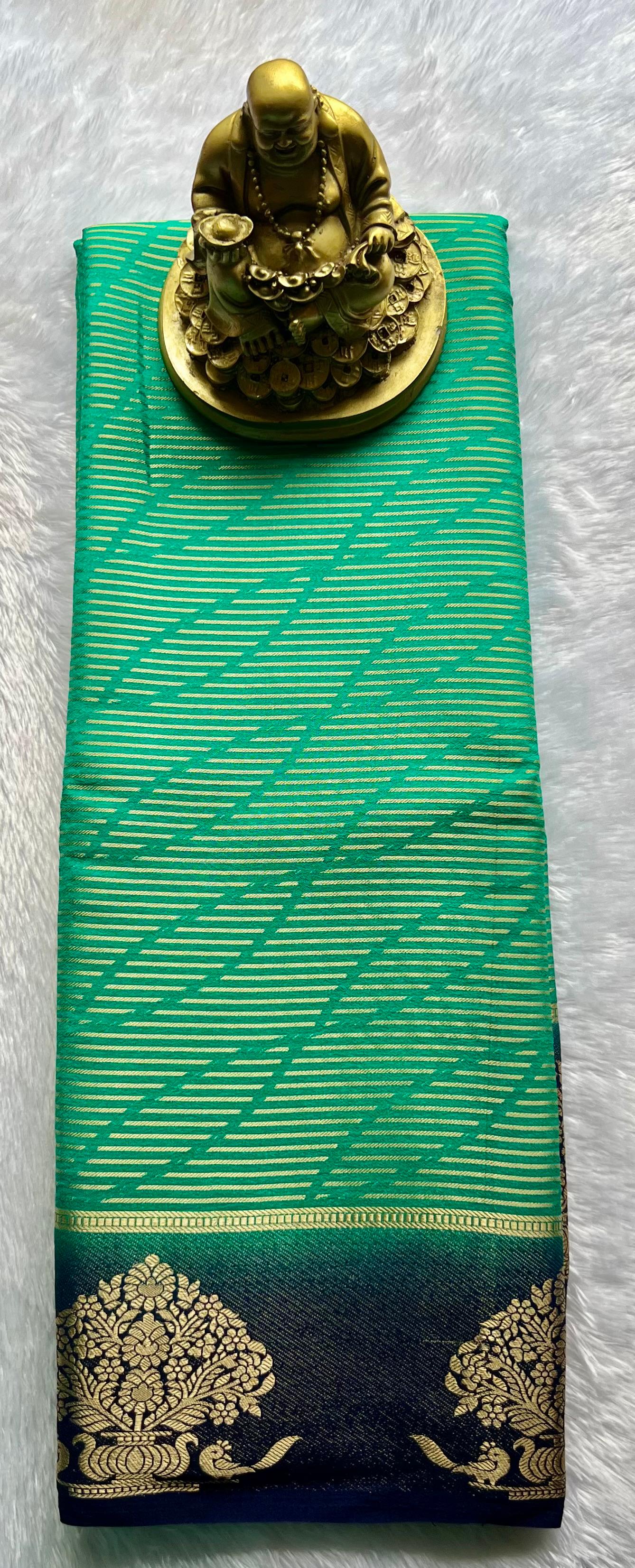 Semi Mysore Silk Striped With Tree Border, Washable