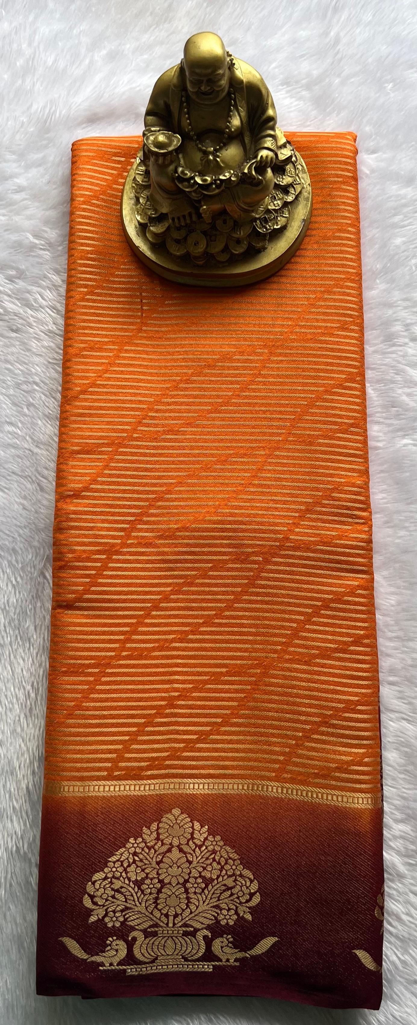 Semi Mysore Silk Striped With Tree Border, Washable