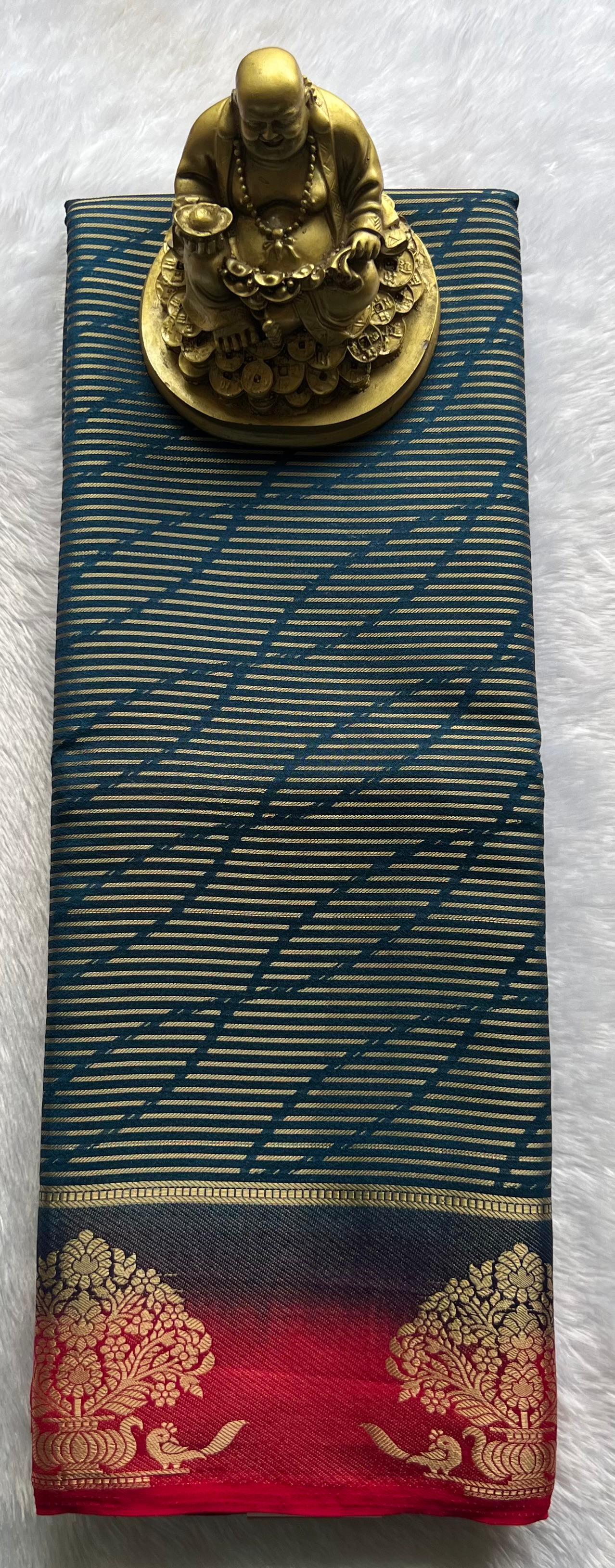 Semi Mysore Silk Striped With Tree Border, Washable