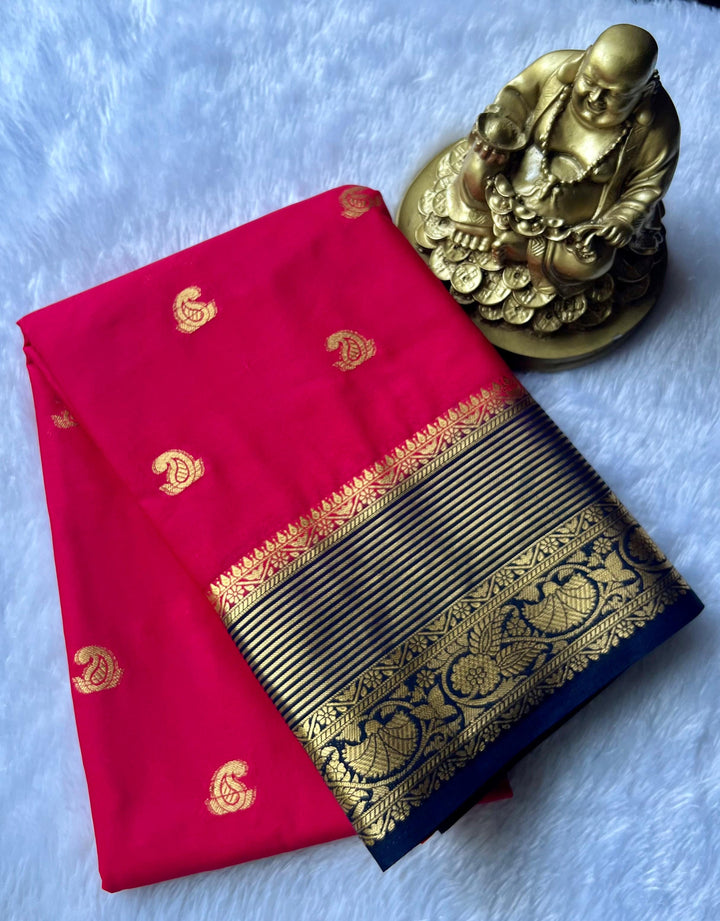Semi Mysore Slik Small Mango Butta With Gold Zari Strip Border