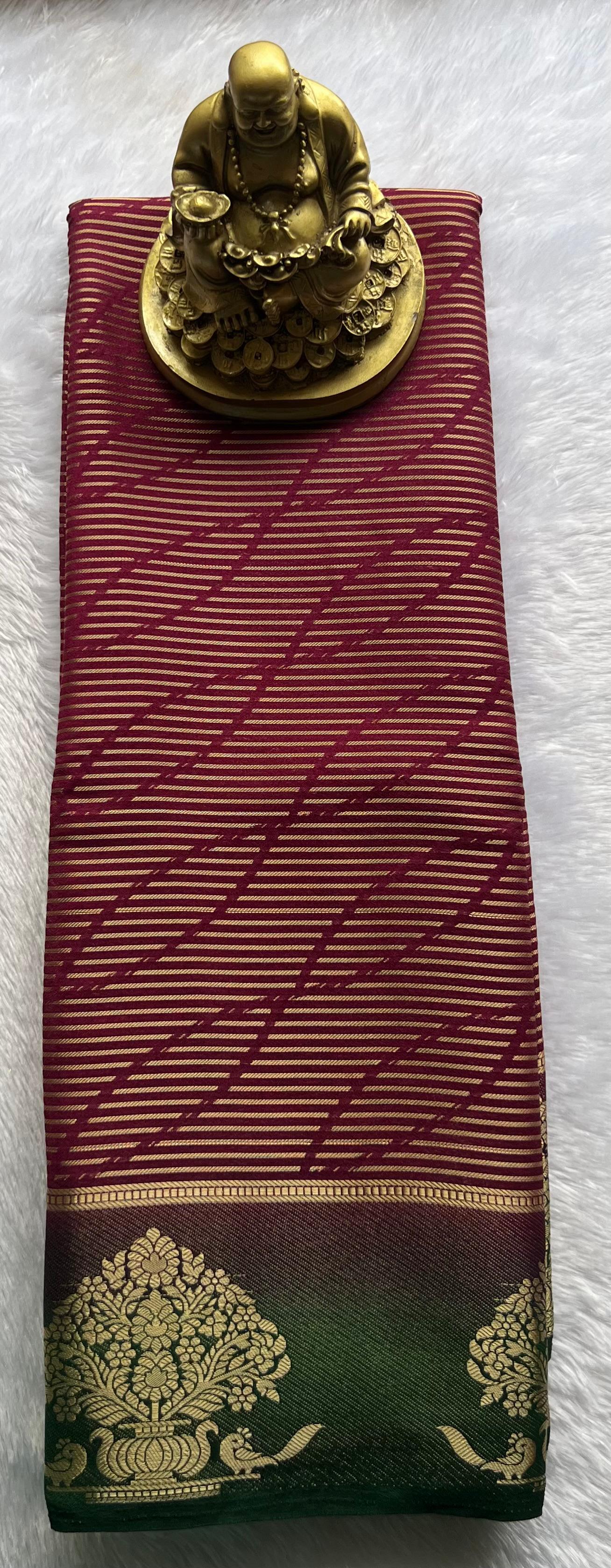 Semi Mysore Silk Striped With Tree Border, Washable