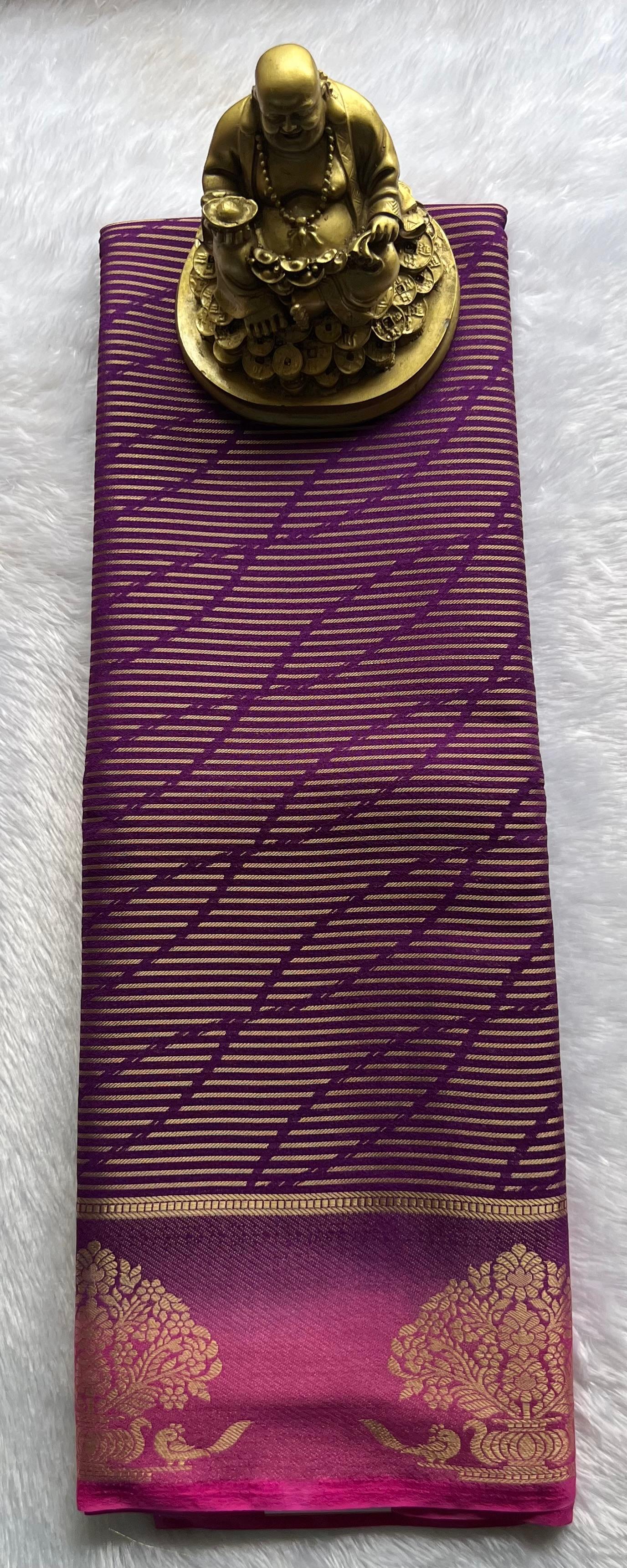 Semi Mysore Silk Striped With Tree Border, Washable