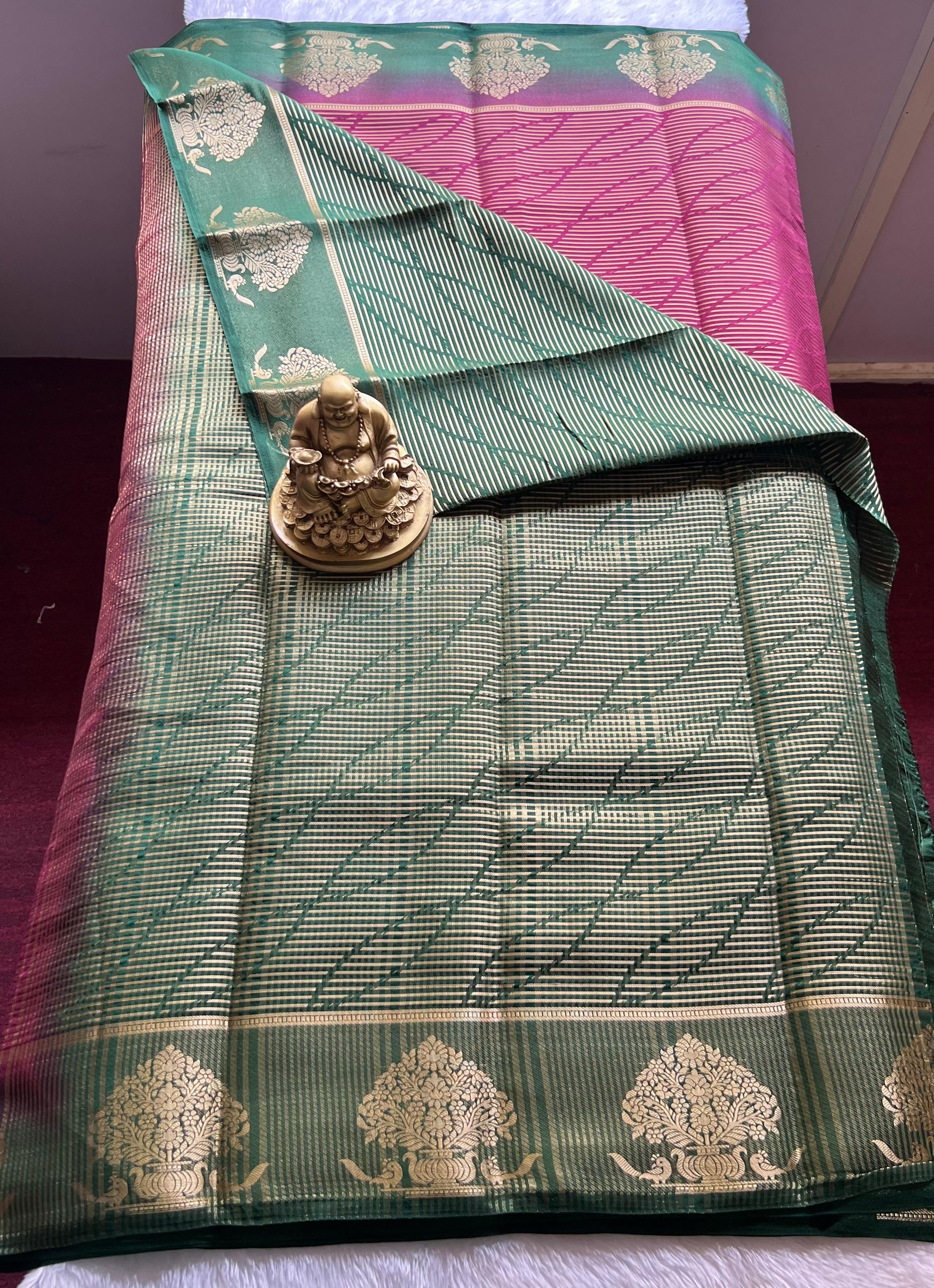 Semi Mysore Silk Striped With Tree Border, Washable