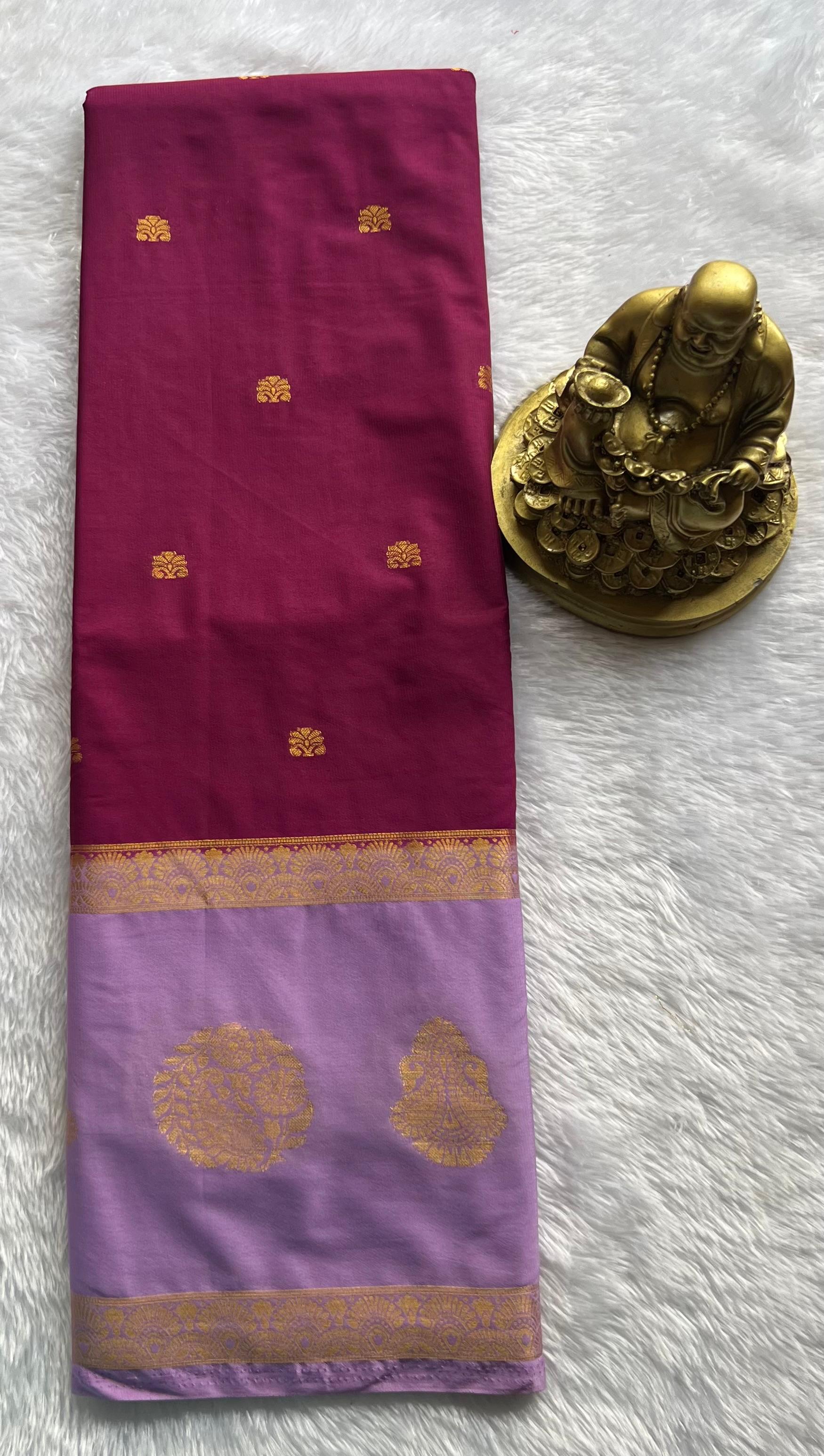 Semi  Mysore Silk Small Flower Butta And Double Mango With Betex Border, Washable