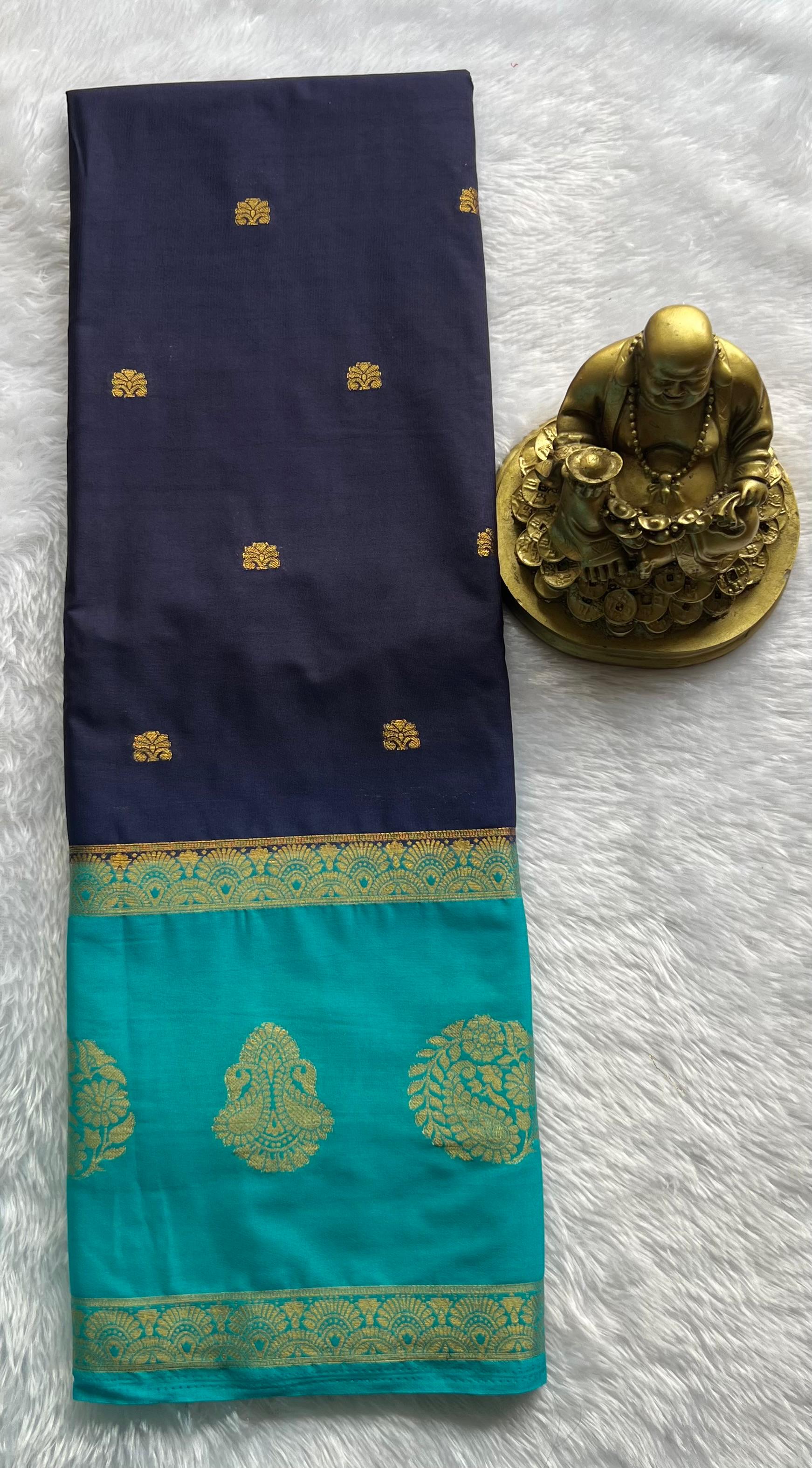 Semi  Mysore Silk Small Flower Butta And Double Mango With Betex Border, Washable