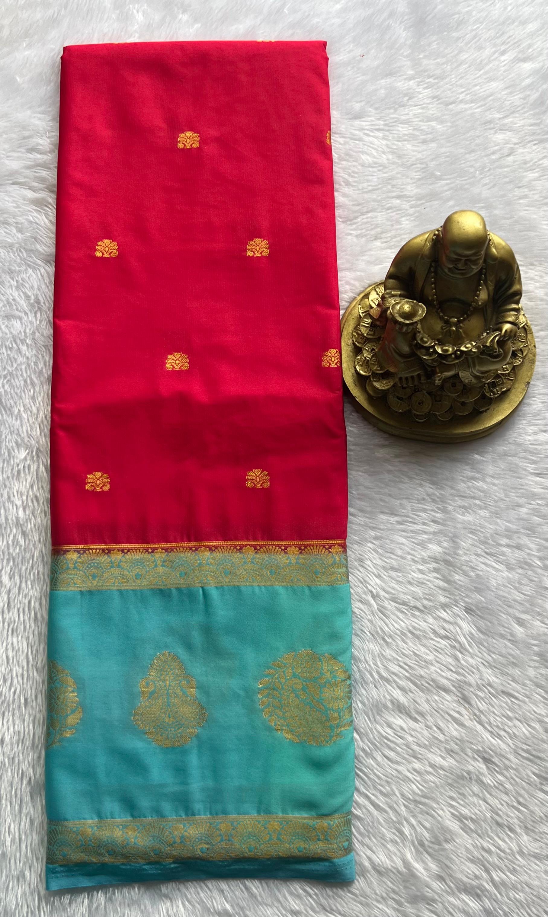 Semi  Mysore Silk Small Flower Butta And Double Mango With Betex Border, Washable