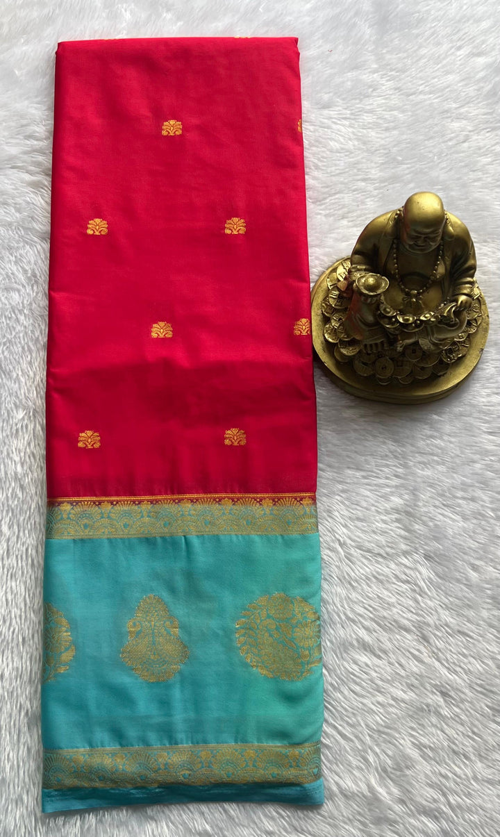 Semi  Mysore Silk Small Flower Butta And Double Mango With Betex Border, Washable